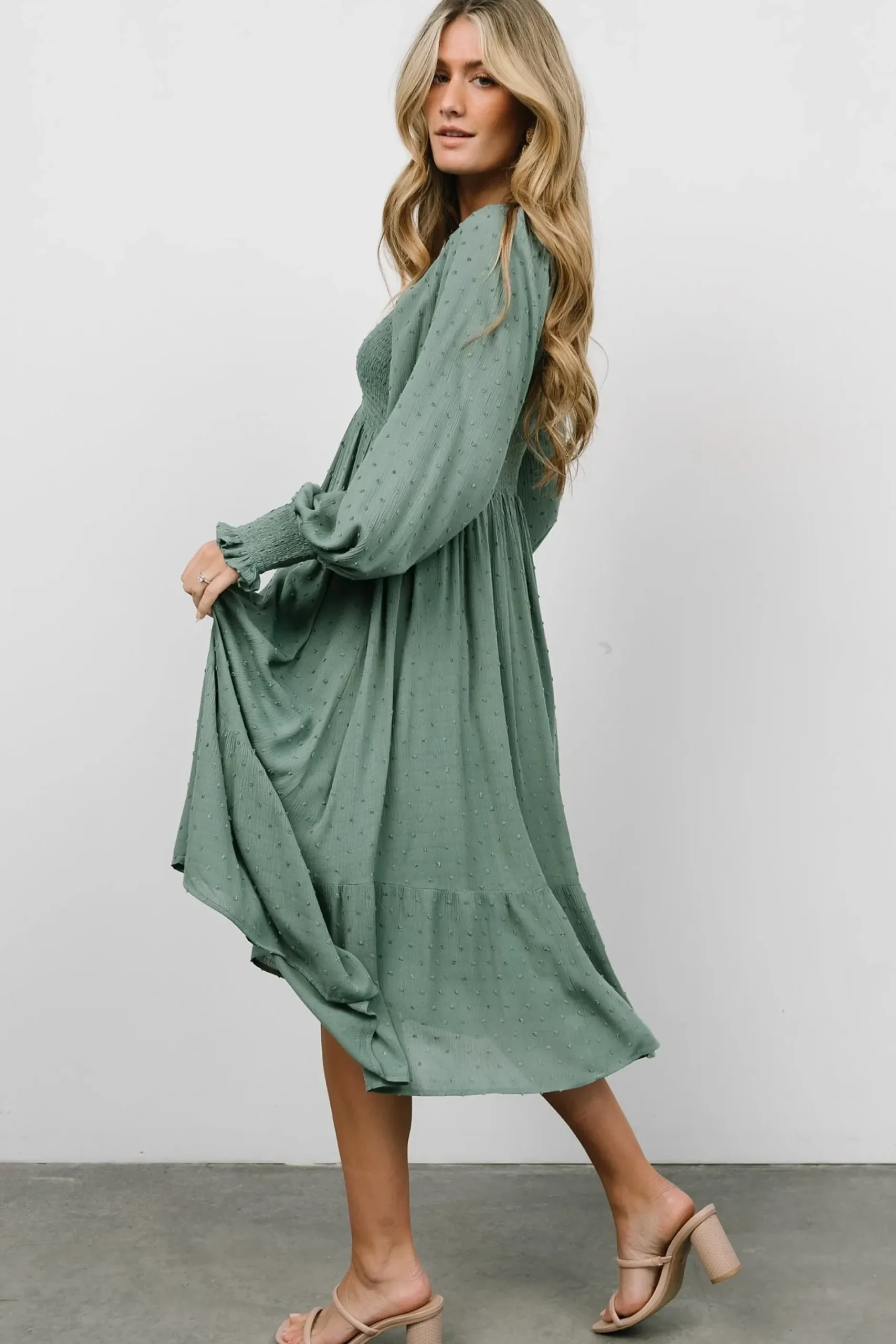 Baltic Born midi dresses|bump friendly|Lainey Smocked Dotted Midi Dress | Dark Sage