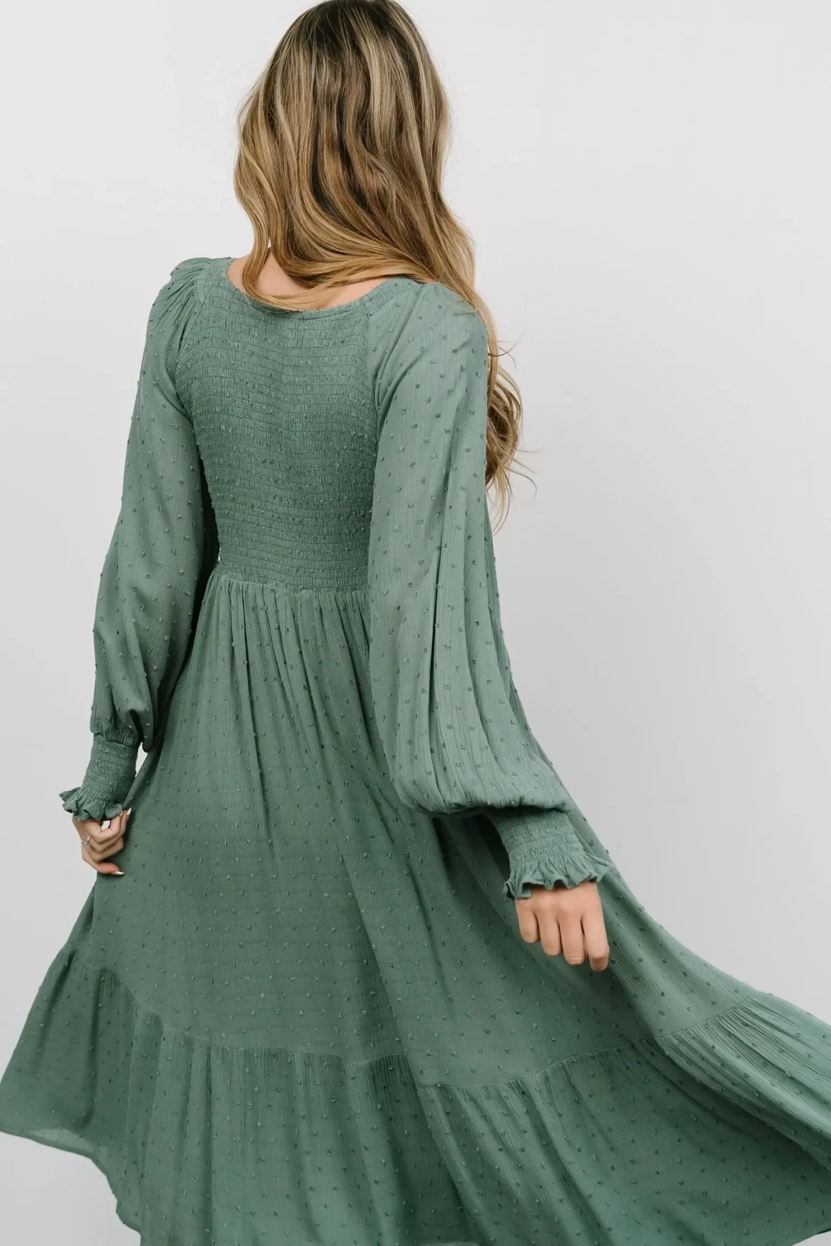 Baltic Born midi dresses|bump friendly|Lainey Smocked Dotted Midi Dress | Dark Sage