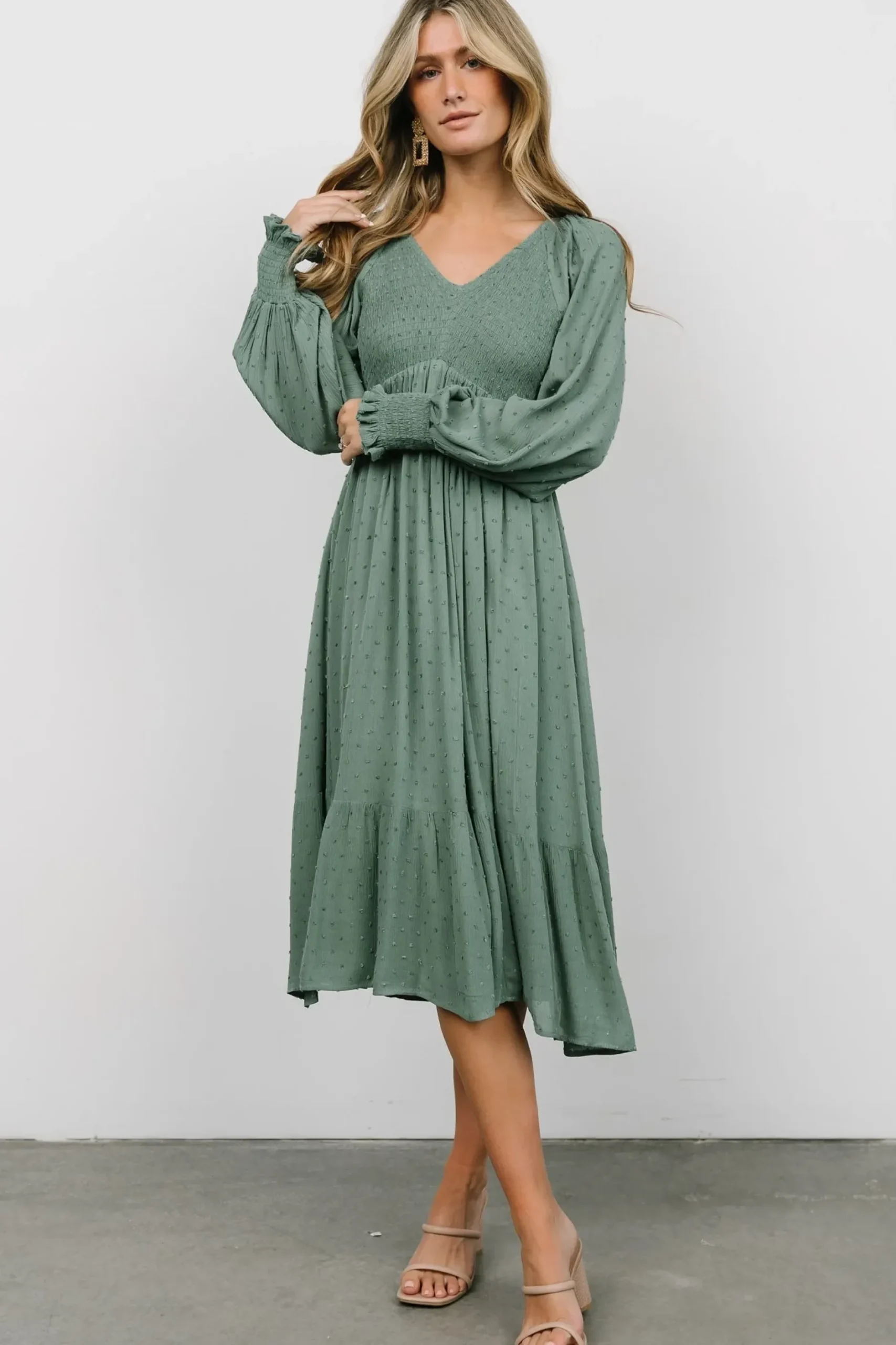 Baltic Born midi dresses|bump friendly|Lainey Smocked Dotted Midi Dress | Dark Sage