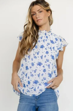 Baltic Born blouses + shirts|Leah Mock Neck Top | White + Blue Floral