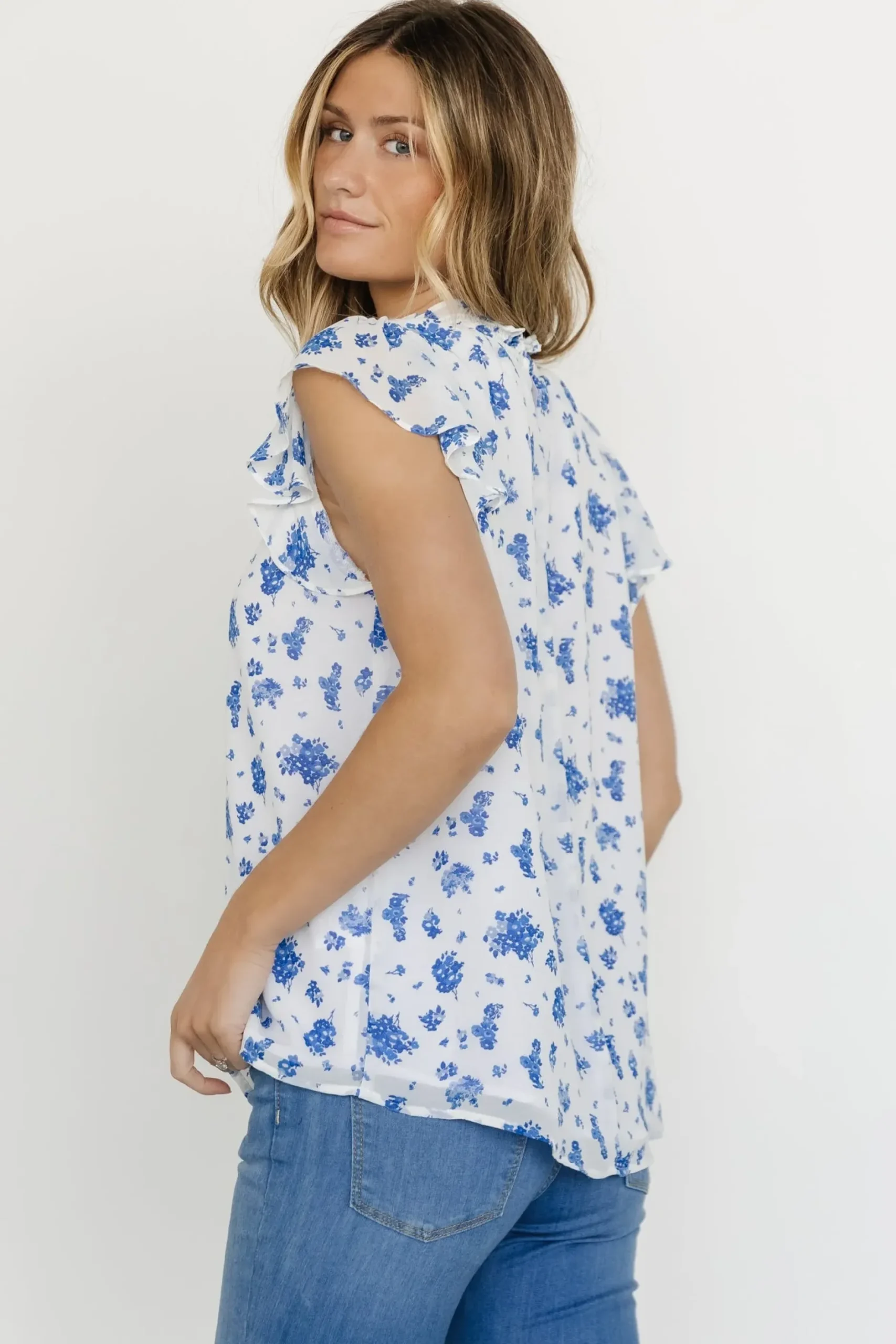 Baltic Born blouses + shirts|Leah Mock Neck Top | White + Blue Floral