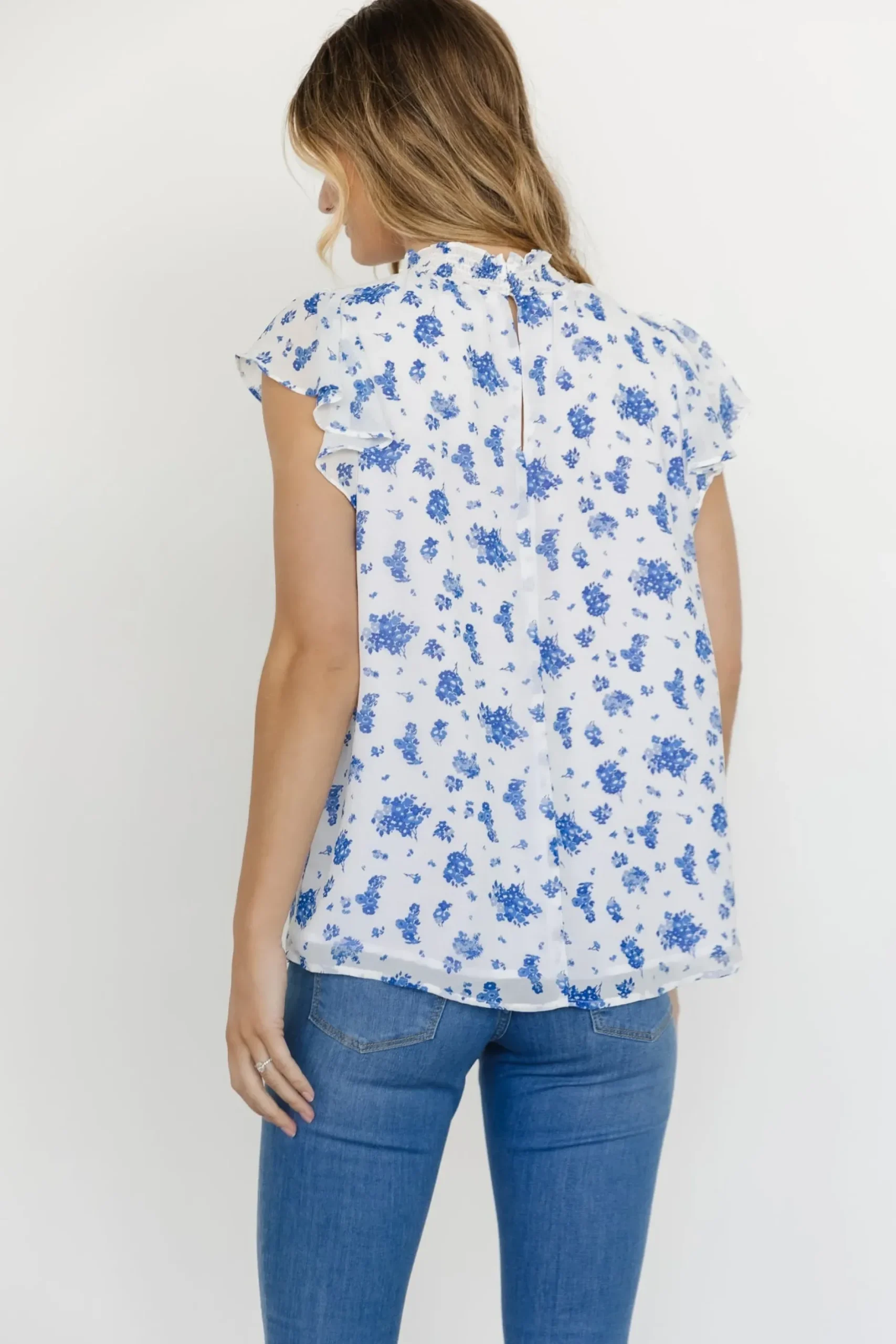 Baltic Born blouses + shirts|Leah Mock Neck Top | White + Blue Floral