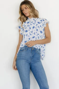 Baltic Born blouses + shirts|Leah Mock Neck Top | White + Blue Floral