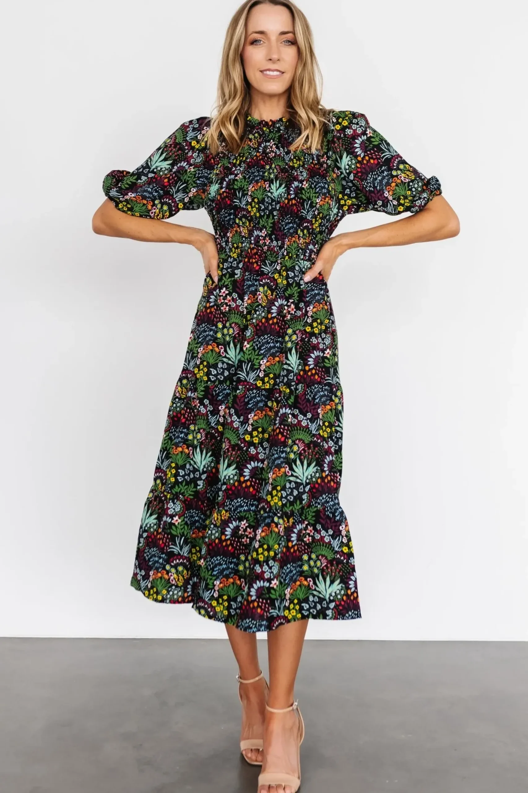 Baltic Born midi dresses|EXTENDED SIZING|Lena Tiered Midi Dress | Black Multi Floral