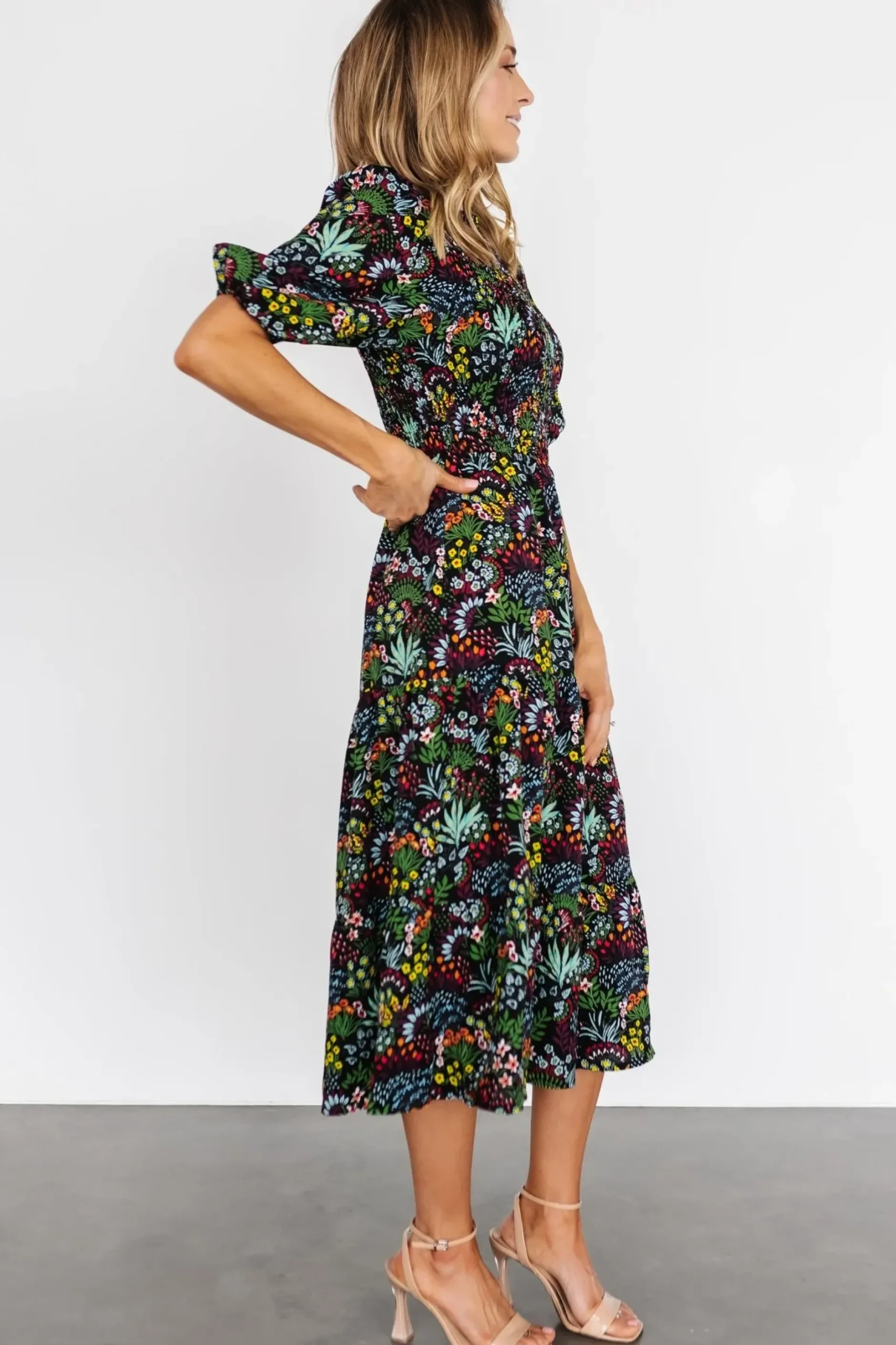 Baltic Born midi dresses|EXTENDED SIZING|Lena Tiered Midi Dress | Black Multi Floral