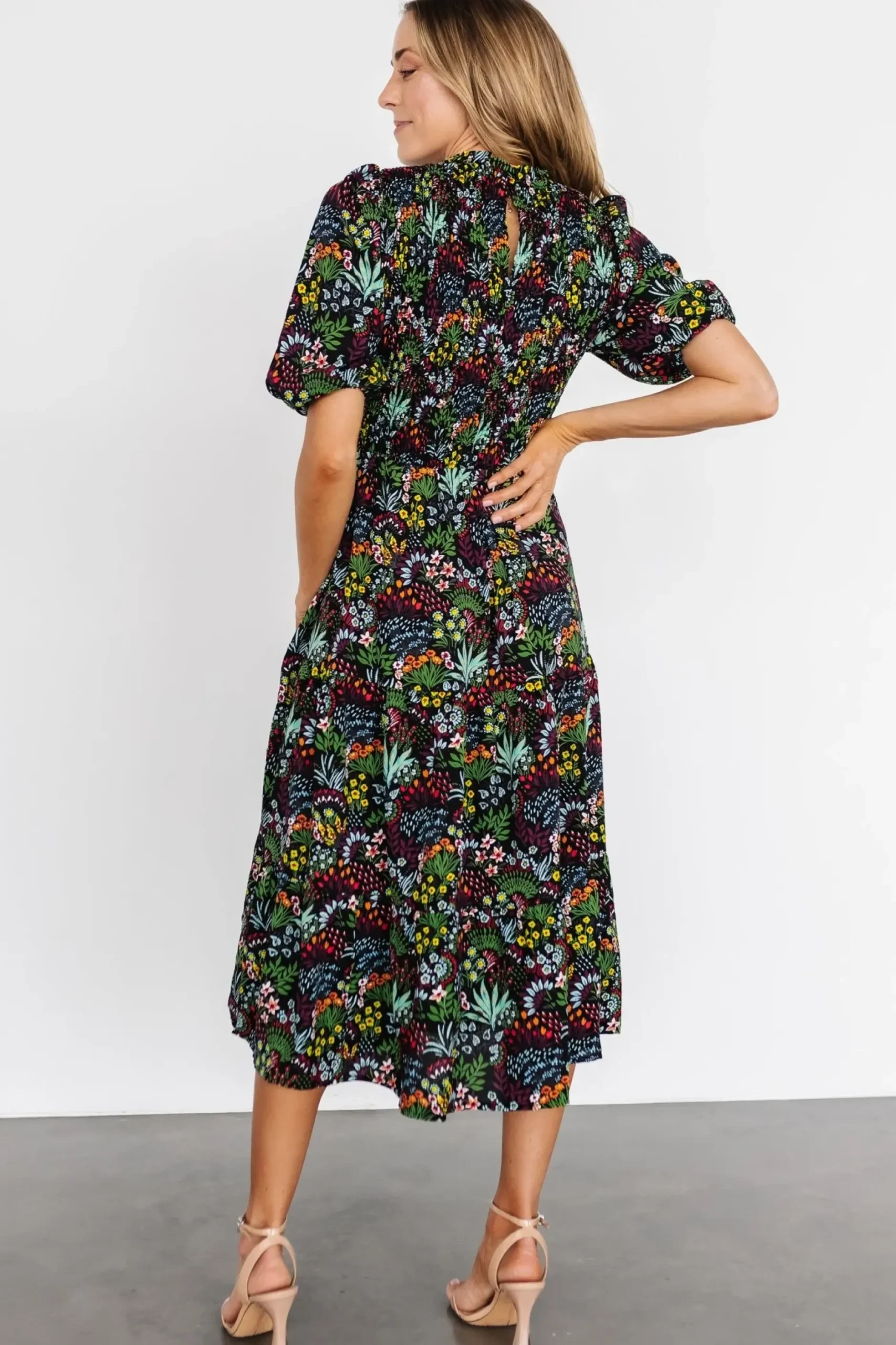 Baltic Born midi dresses|EXTENDED SIZING|Lena Tiered Midi Dress | Black Multi Floral