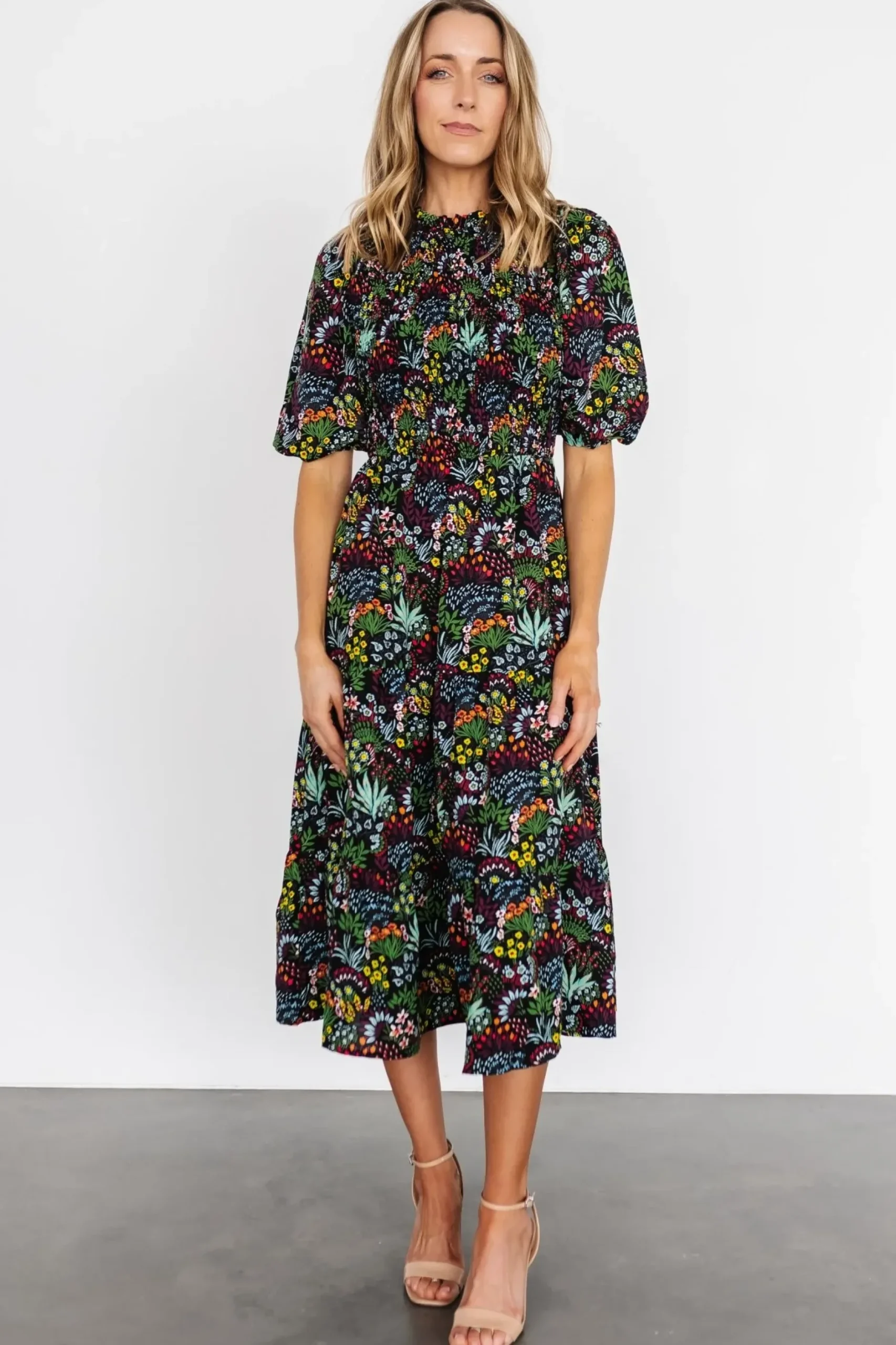 Baltic Born midi dresses|EXTENDED SIZING|Lena Tiered Midi Dress | Black Multi Floral