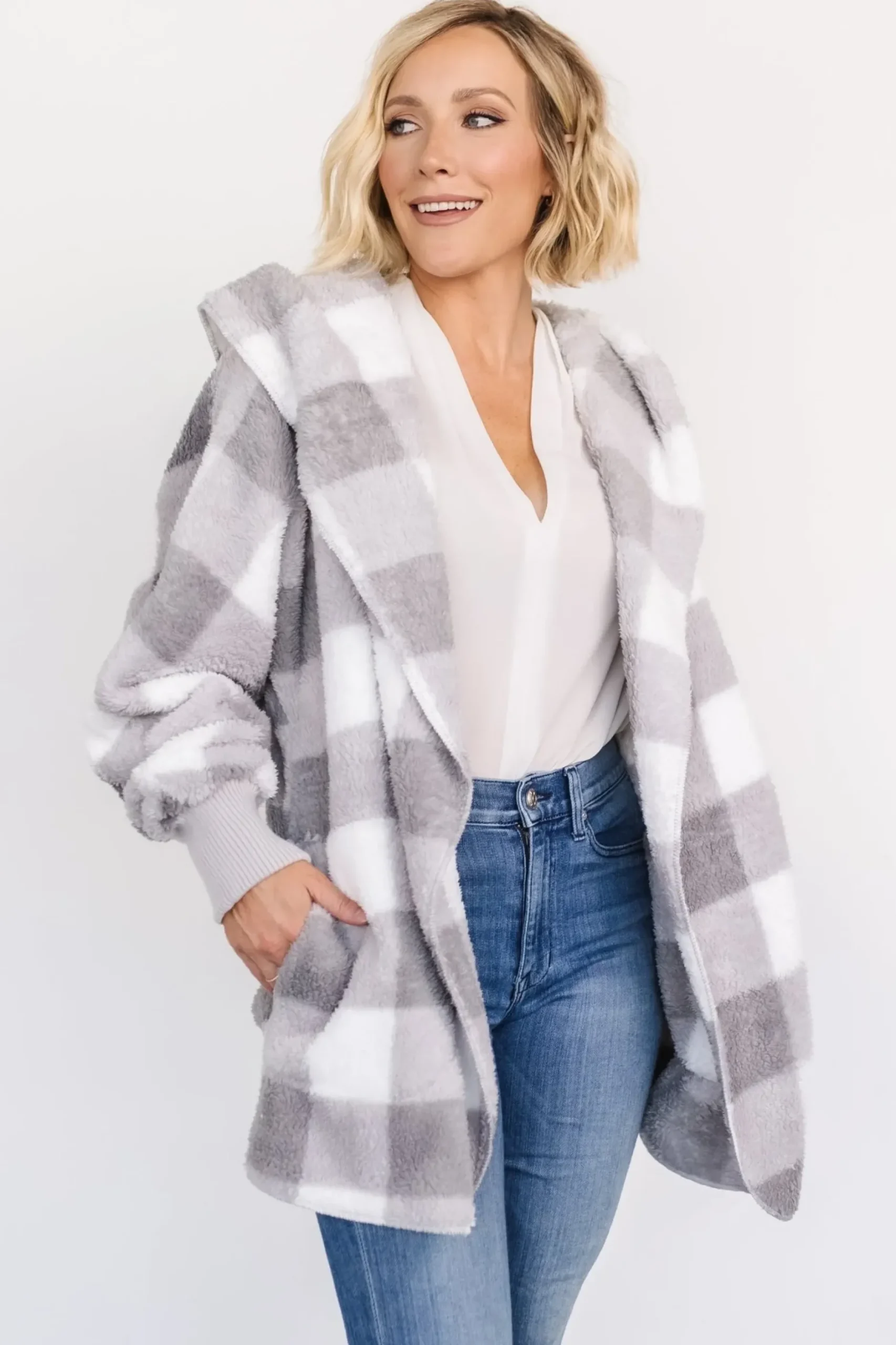 Baltic Born outerwear|Lincoln Teddy Cardigan | Gray + White