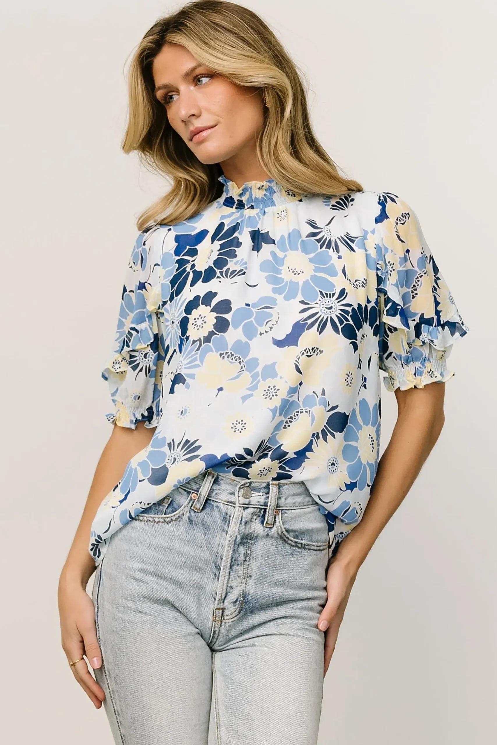 Baltic Born blouses + shirts|Lisa Ruffle Sleeve Top | Blue Floral