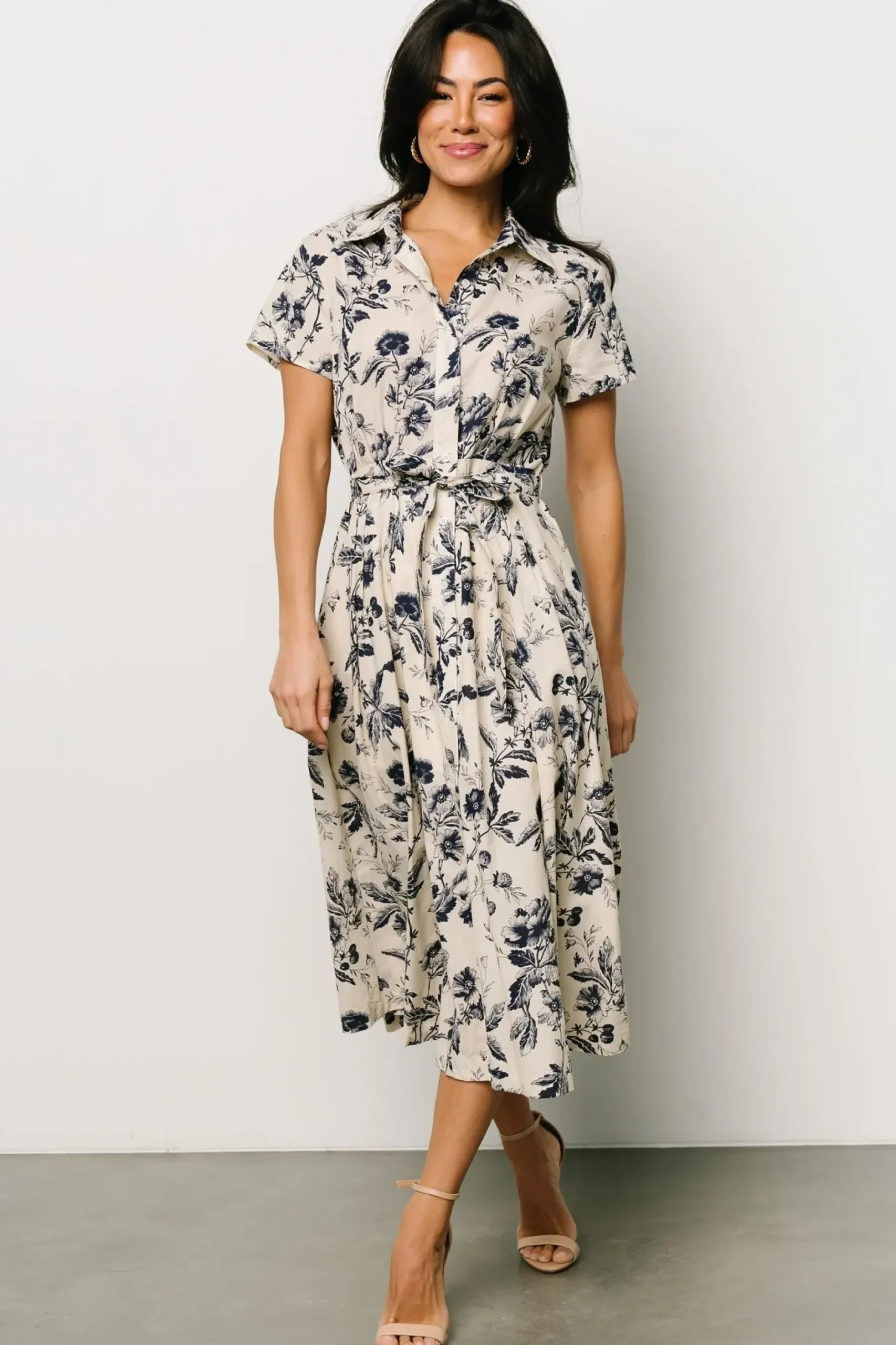 Baltic Born COMING SOON|Lorna Midi Dress | Beige + Navy Print