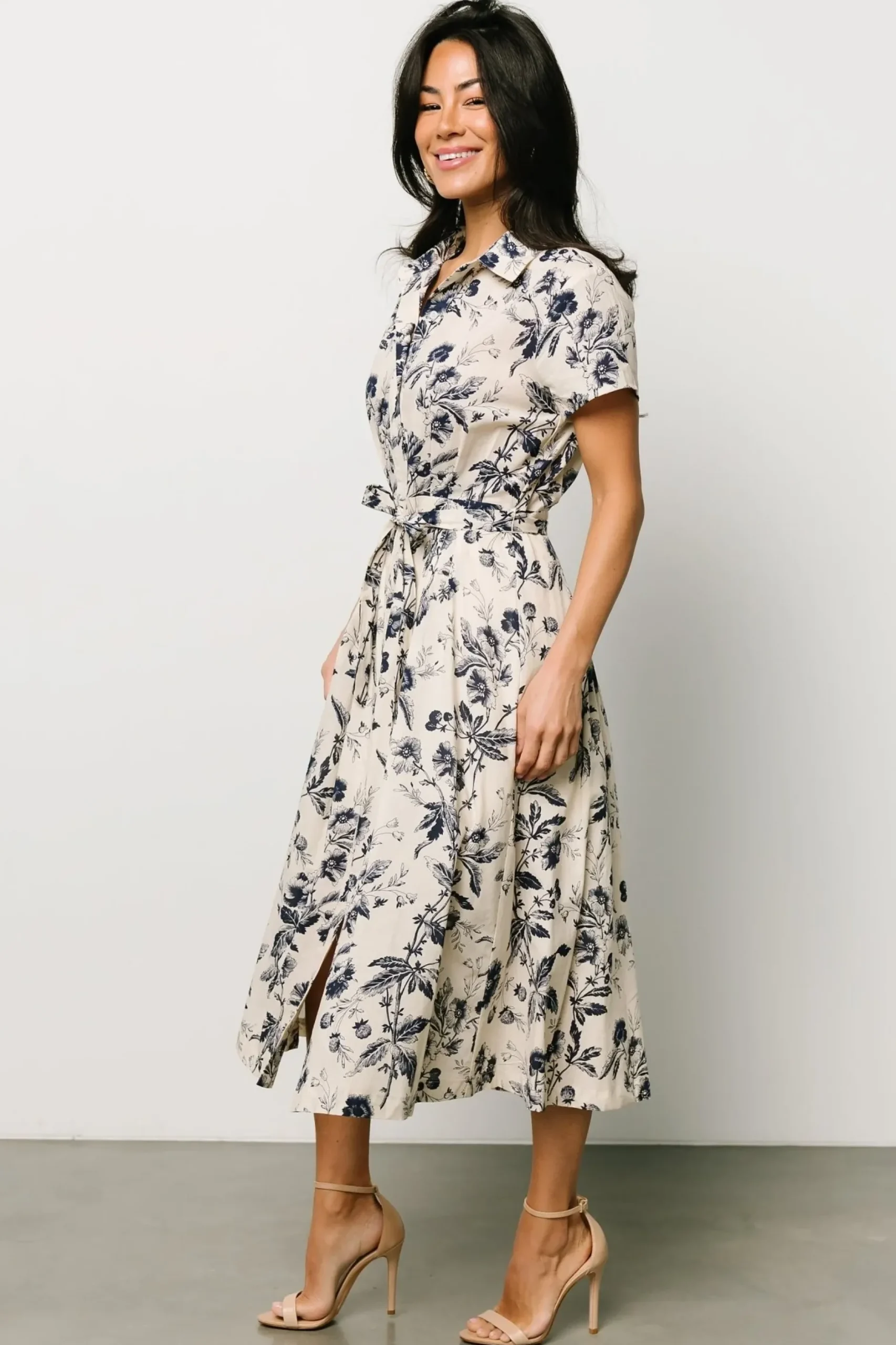 Baltic Born COMING SOON|Lorna Midi Dress | Beige + Navy Print