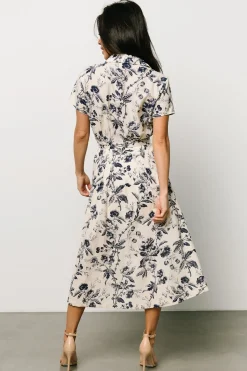 Baltic Born COMING SOON|Lorna Midi Dress | Beige + Navy Print