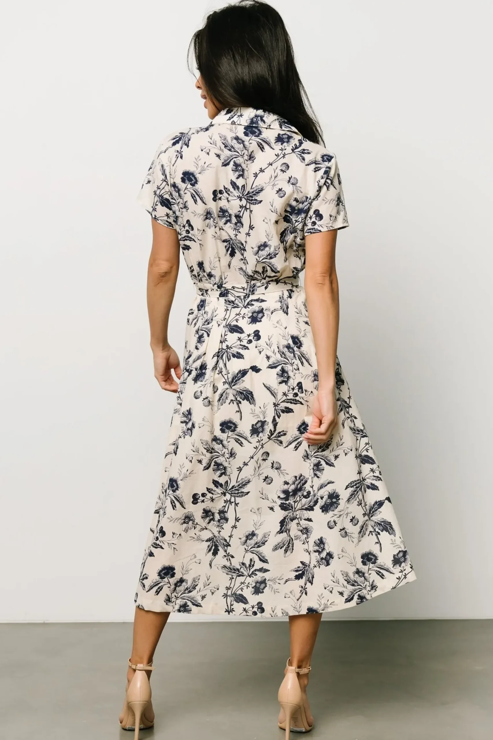 Baltic Born COMING SOON|Lorna Midi Dress | Beige + Navy Print