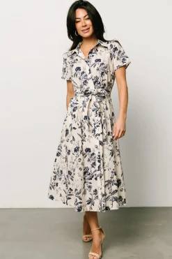 Baltic Born COMING SOON|Lorna Midi Dress | Beige + Navy Print