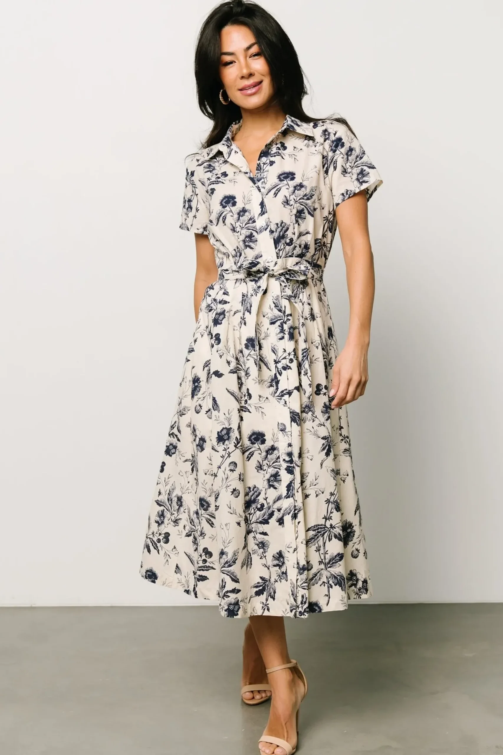 Baltic Born COMING SOON|Lorna Midi Dress | Beige + Navy Print