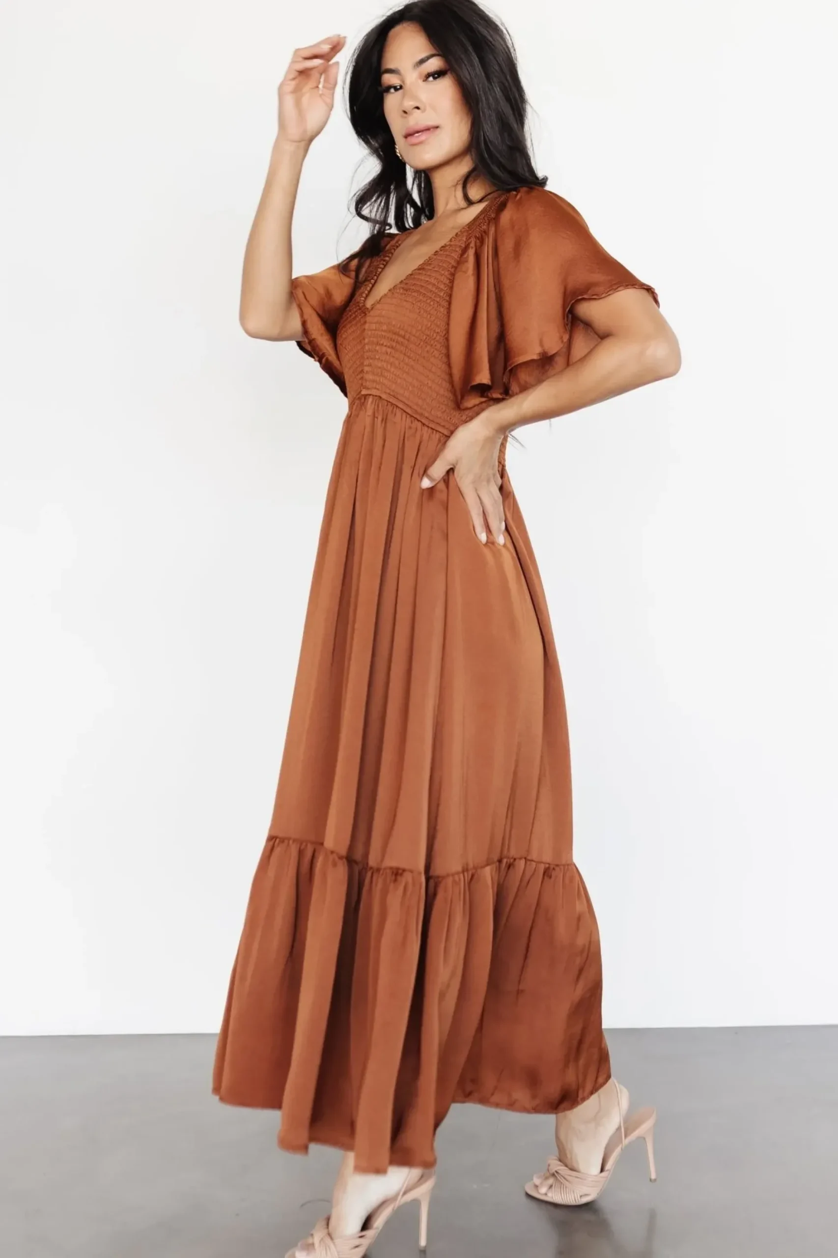 Baltic Born midi dresses|WINTER ESSENTIALS|Lovell Smocked Midi Dress | Dark Copper