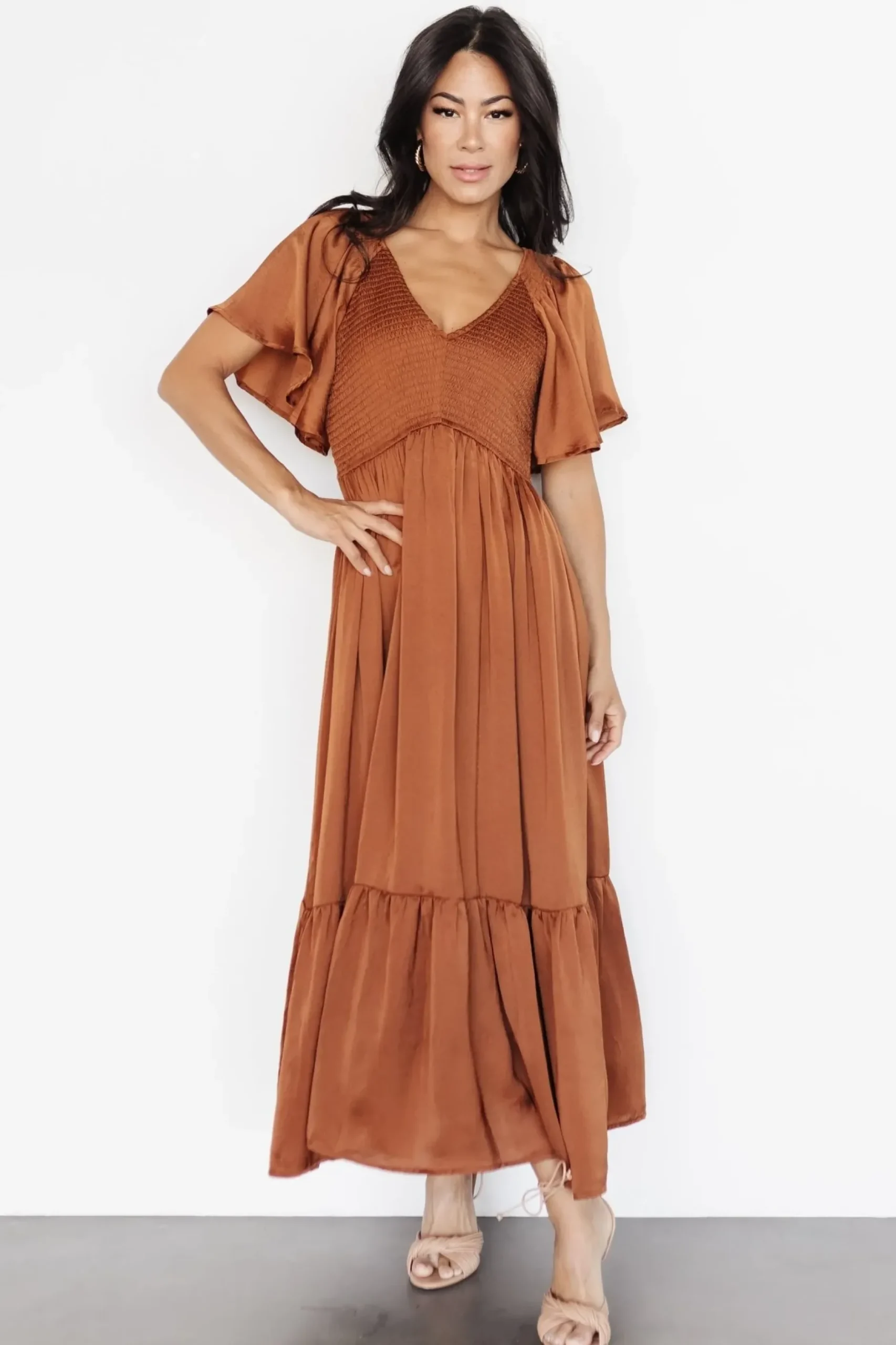 Baltic Born midi dresses|WINTER ESSENTIALS|Lovell Smocked Midi Dress | Dark Copper