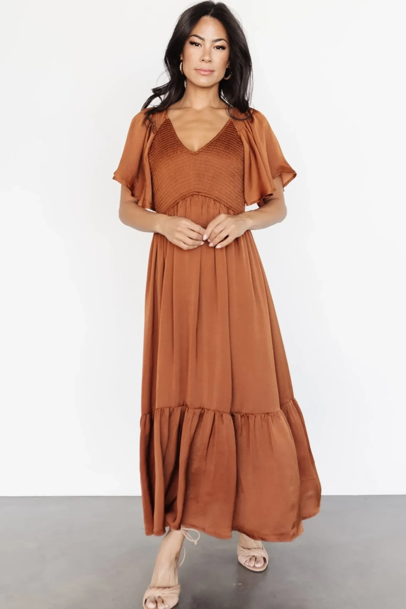 Baltic Born midi dresses|WINTER ESSENTIALS|Lovell Smocked Midi Dress | Dark Copper