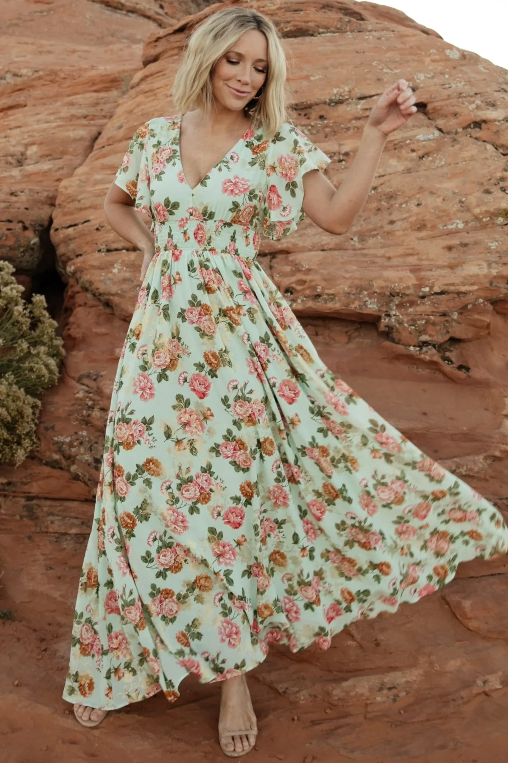 Baltic Born WEDDING SUITE|wedding guest|Lynlee Metallic Maxi Dress | Sage + Pink