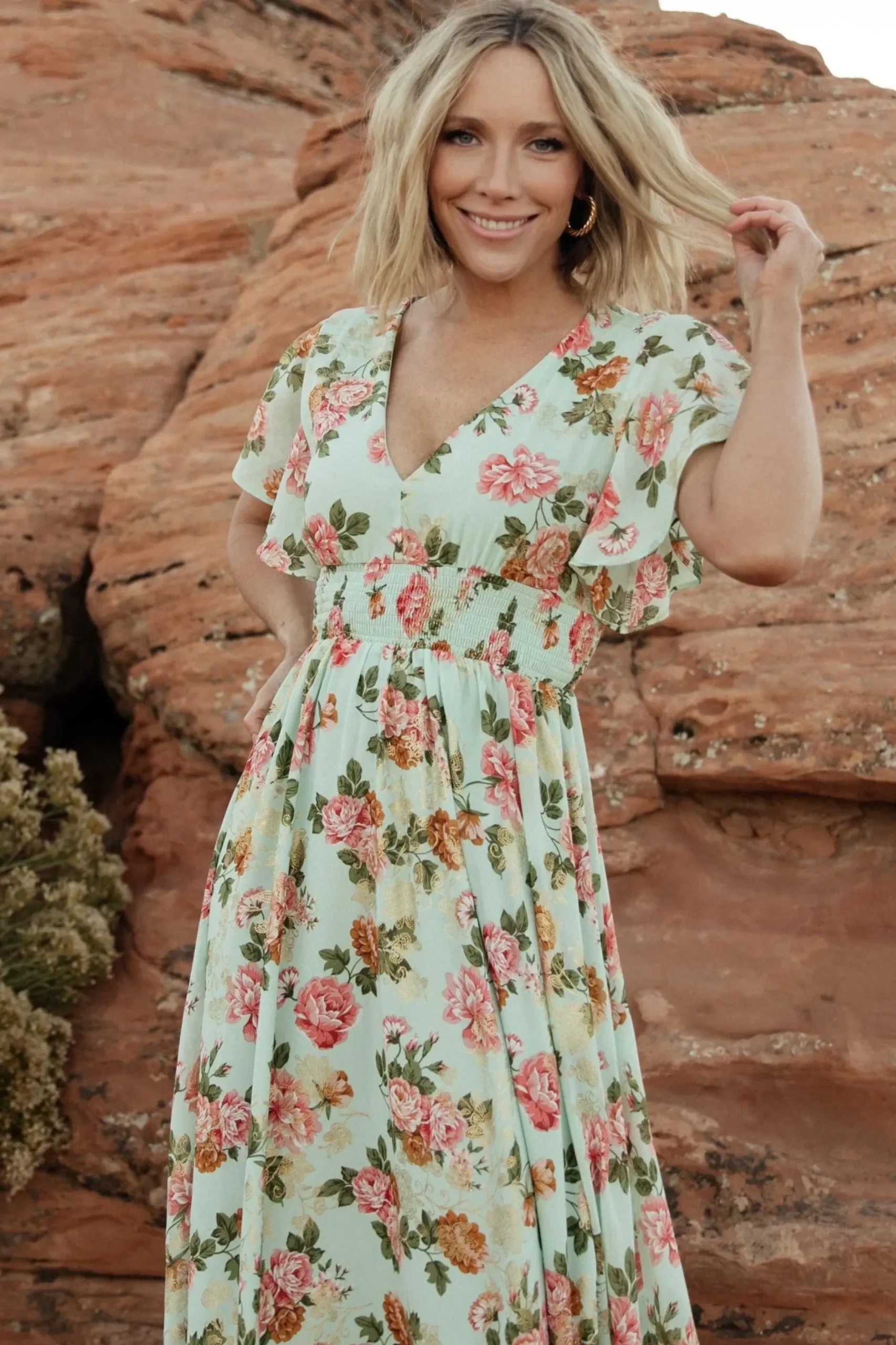 Baltic Born WEDDING SUITE|wedding guest|Lynlee Metallic Maxi Dress | Sage + Pink