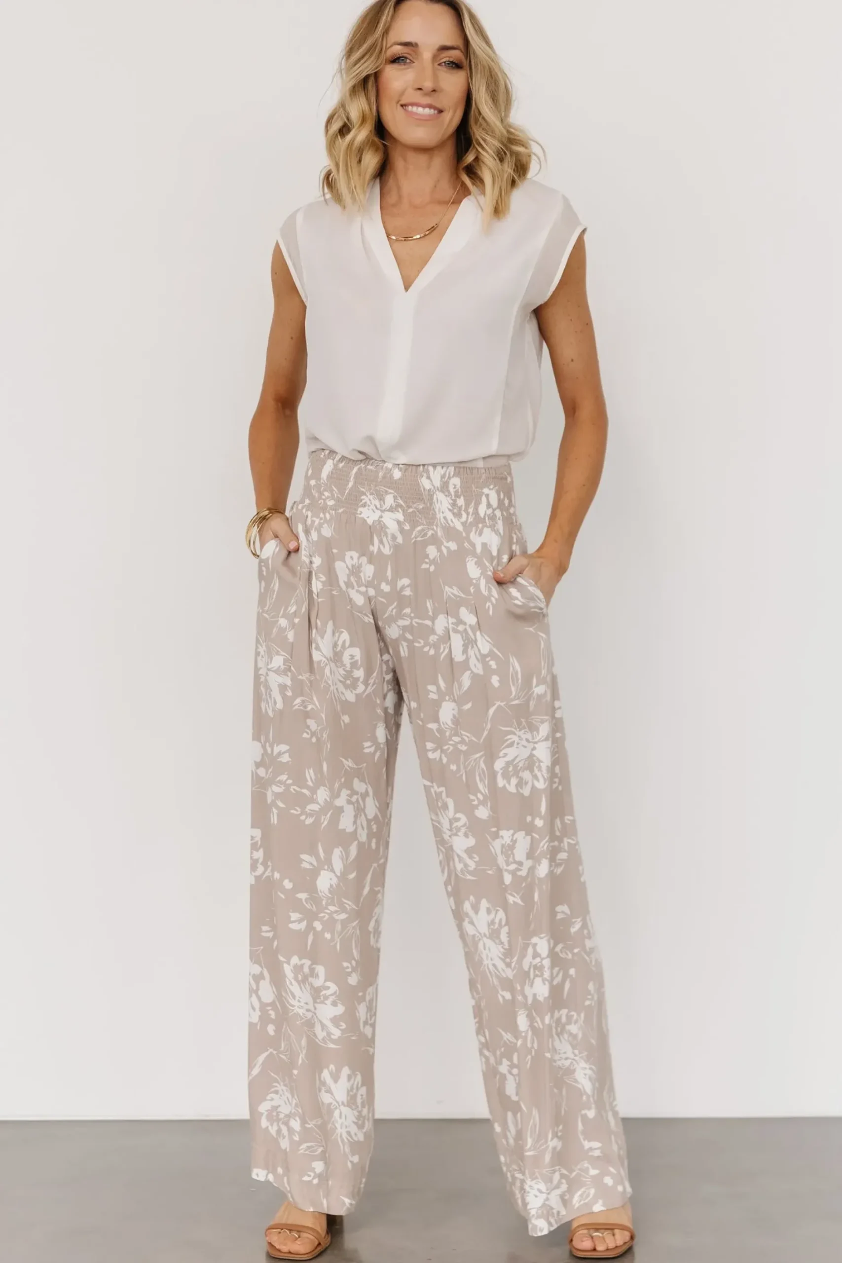 Baltic Born BOTTOMS|pants|Malta Smocked Waist Pants | Sand + White