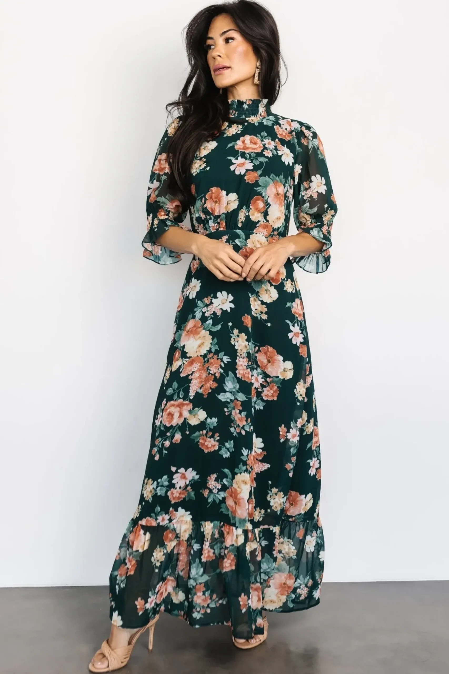 Baltic Born WEDDING SUITE|wedding guest|Marie Mock Neck Maxi Dress | Dark Green Floral