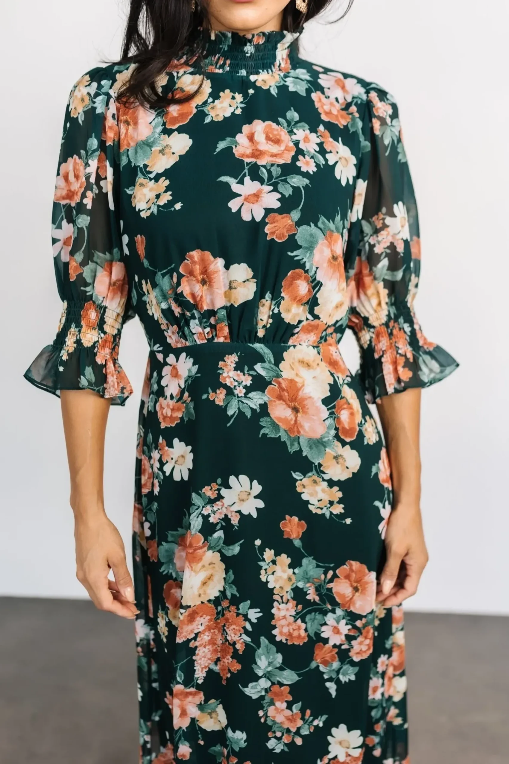 Baltic Born WEDDING SUITE|wedding guest|Marie Mock Neck Maxi Dress | Dark Green Floral