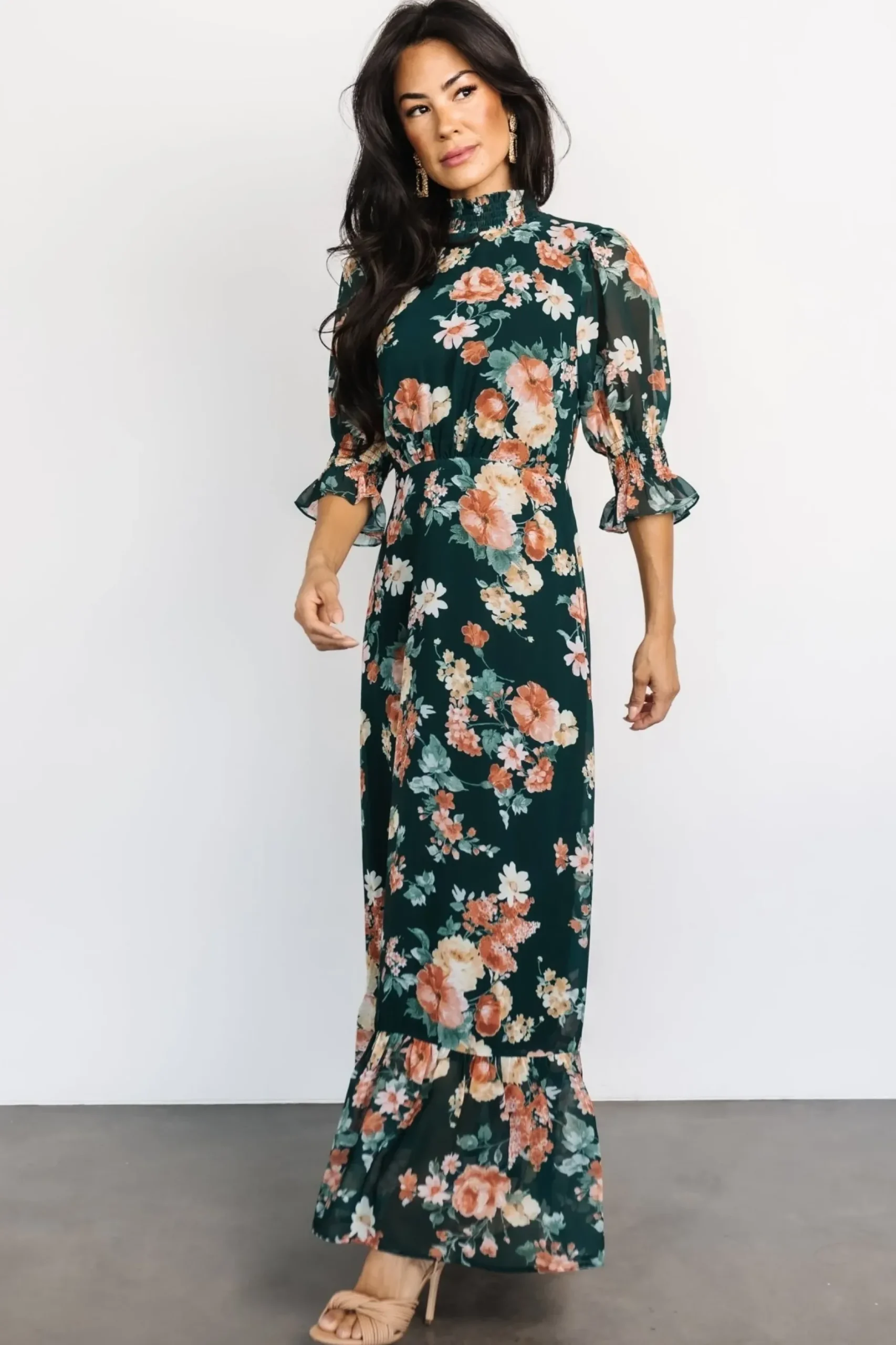Baltic Born WEDDING SUITE|wedding guest|Marie Mock Neck Maxi Dress | Dark Green Floral