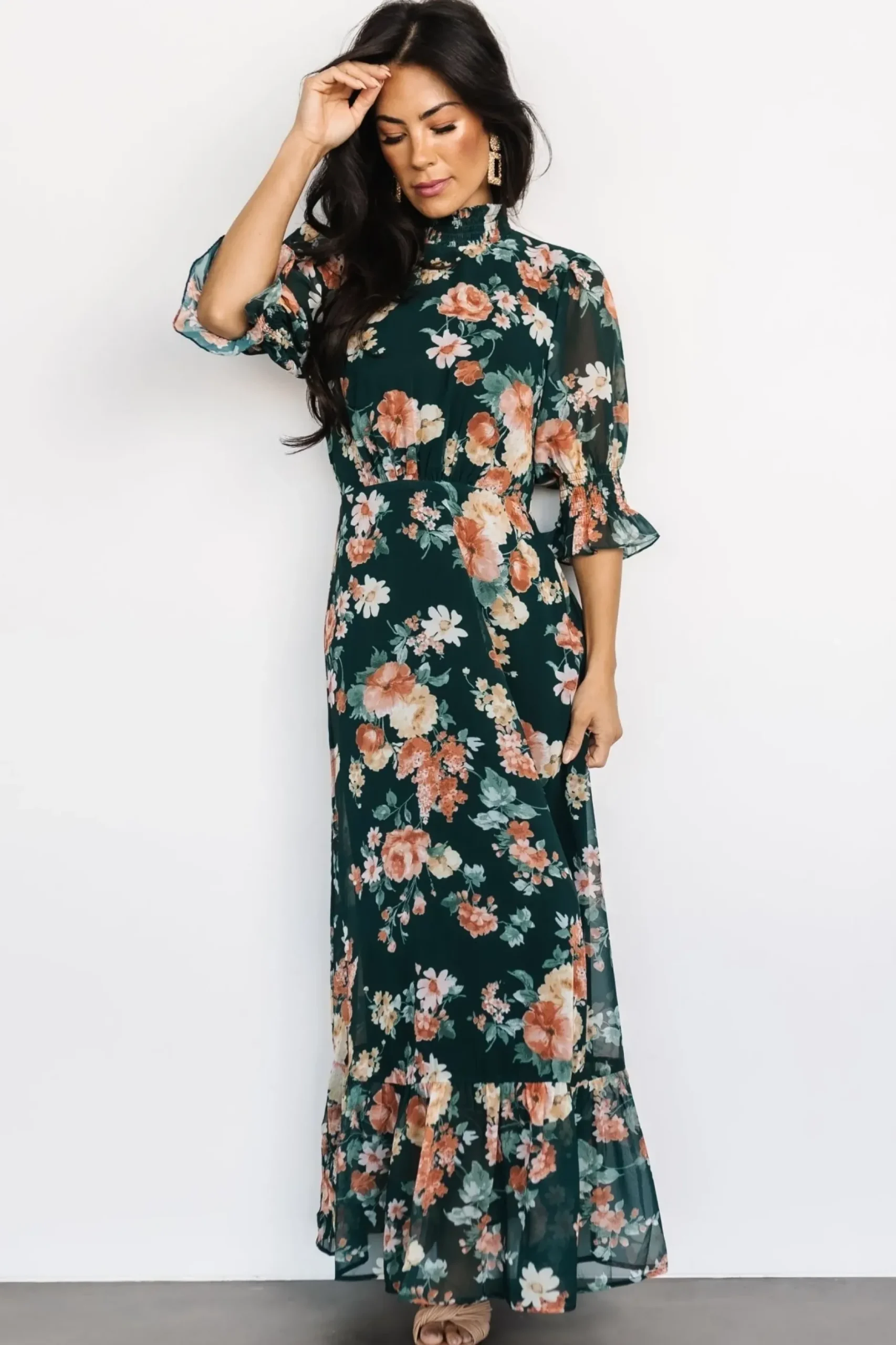 Baltic Born WEDDING SUITE|wedding guest|Marie Mock Neck Maxi Dress | Dark Green Floral