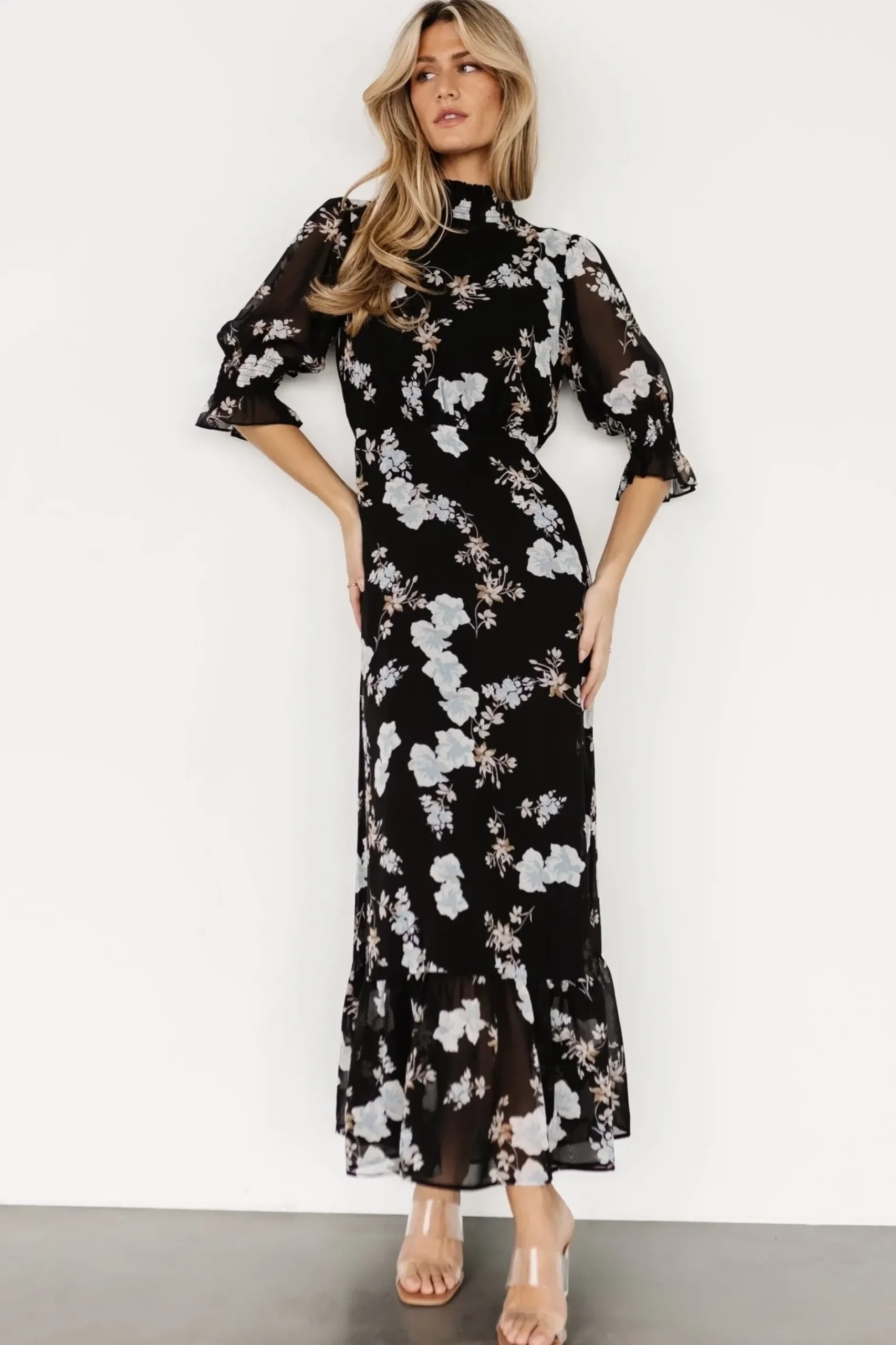 Baltic Born WEDDING SUITE|wedding guest|Marie Mock Neck Maxi Dress | Black Floral