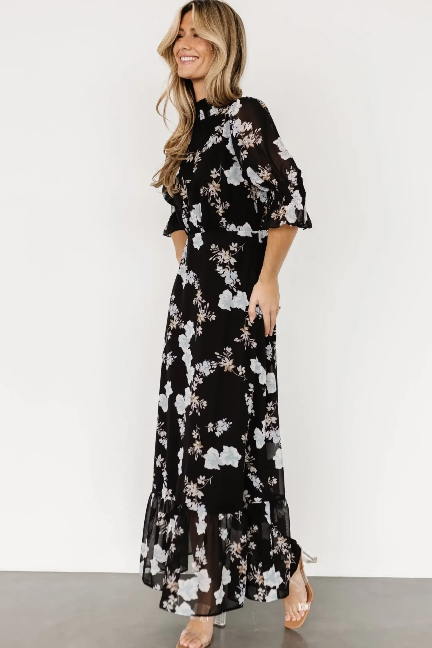 Baltic Born WEDDING SUITE|wedding guest|Marie Mock Neck Maxi Dress | Black Floral
