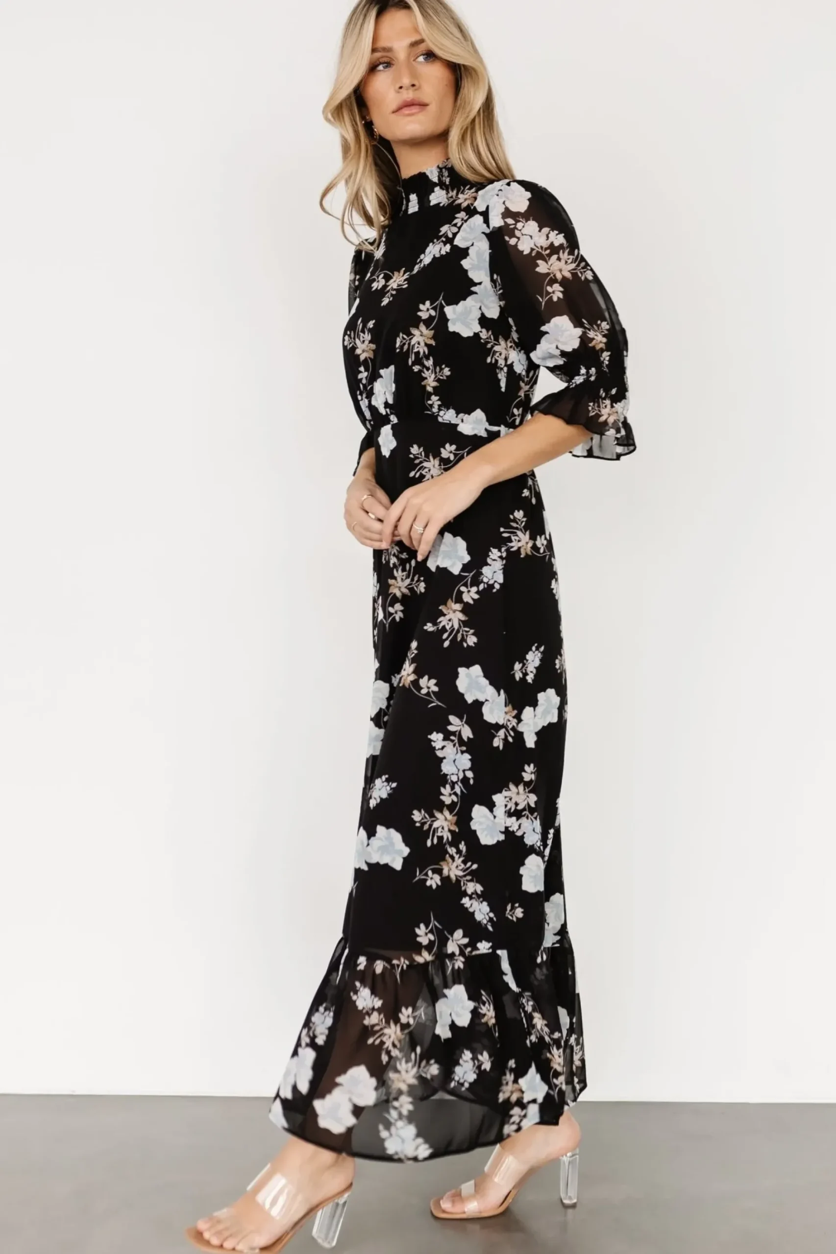 Baltic Born WEDDING SUITE|wedding guest|Marie Mock Neck Maxi Dress | Black Floral