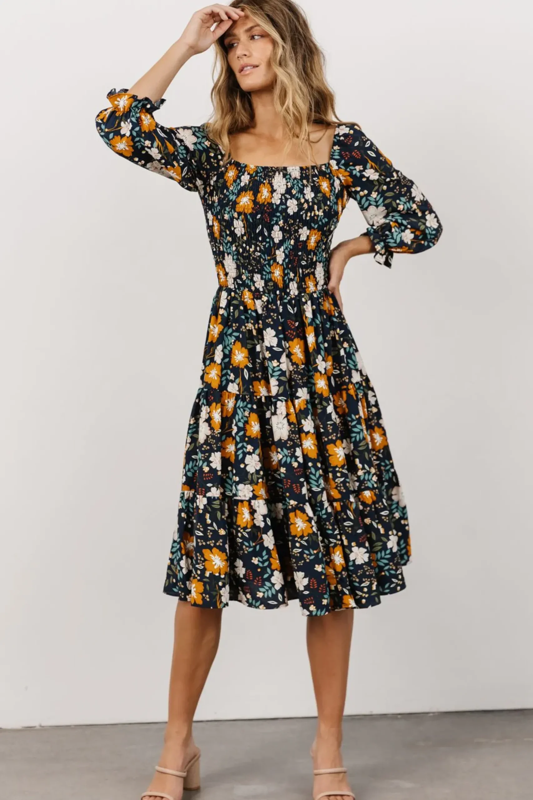 Baltic Born SALE|Marta Smocked Midi Dress | Dark Blue Vintage Floral