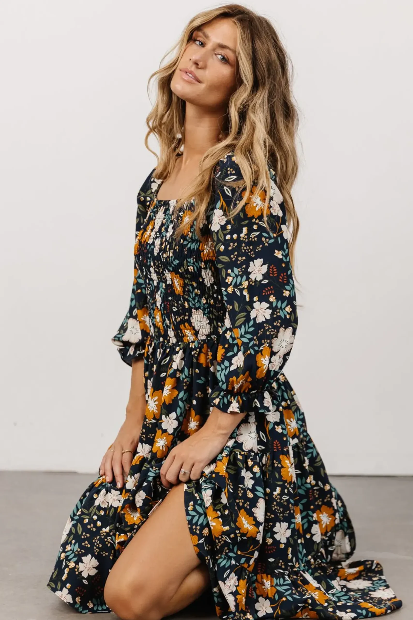 Baltic Born SALE|Marta Smocked Midi Dress | Dark Blue Vintage Floral