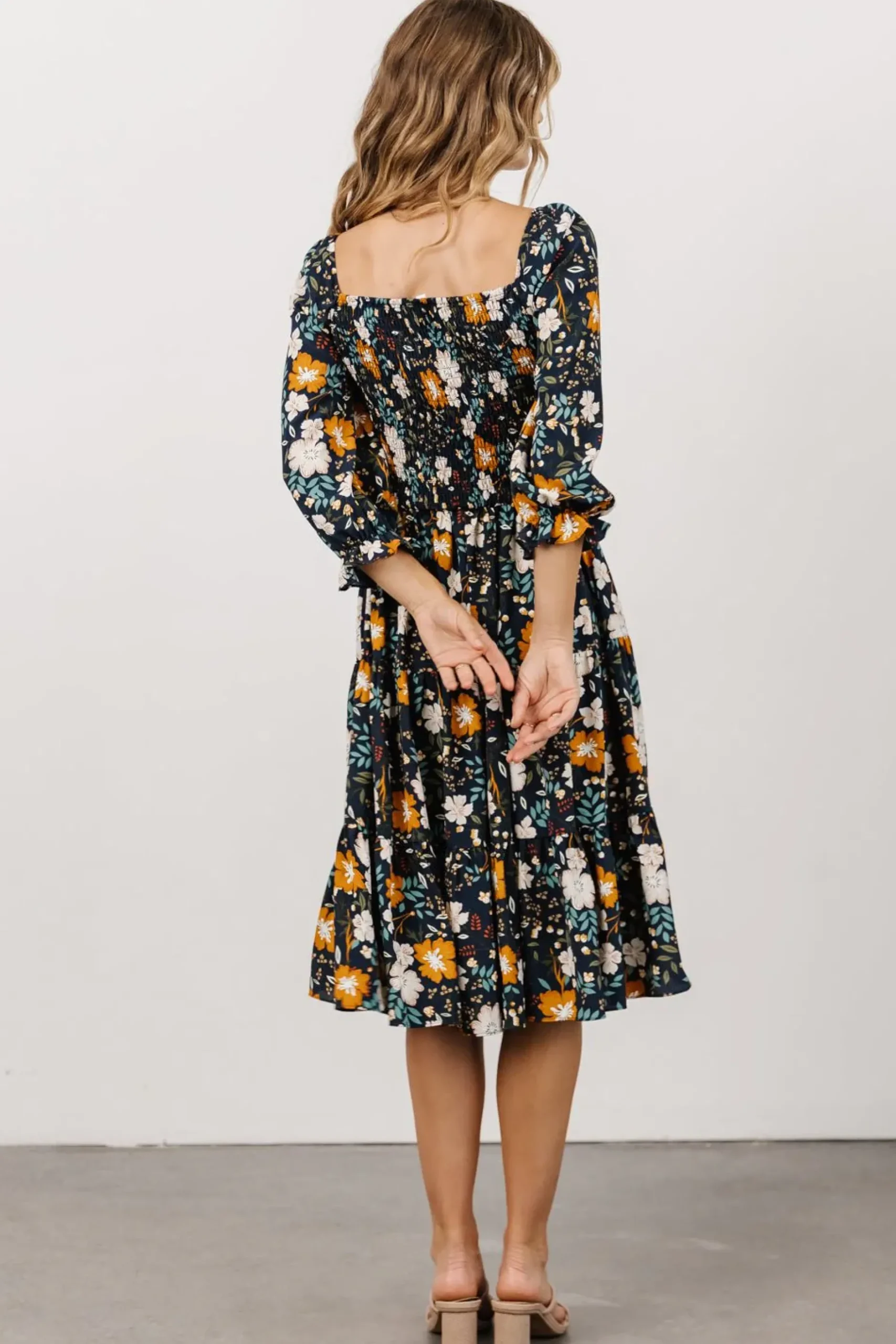 Baltic Born SALE|Marta Smocked Midi Dress | Dark Blue Vintage Floral