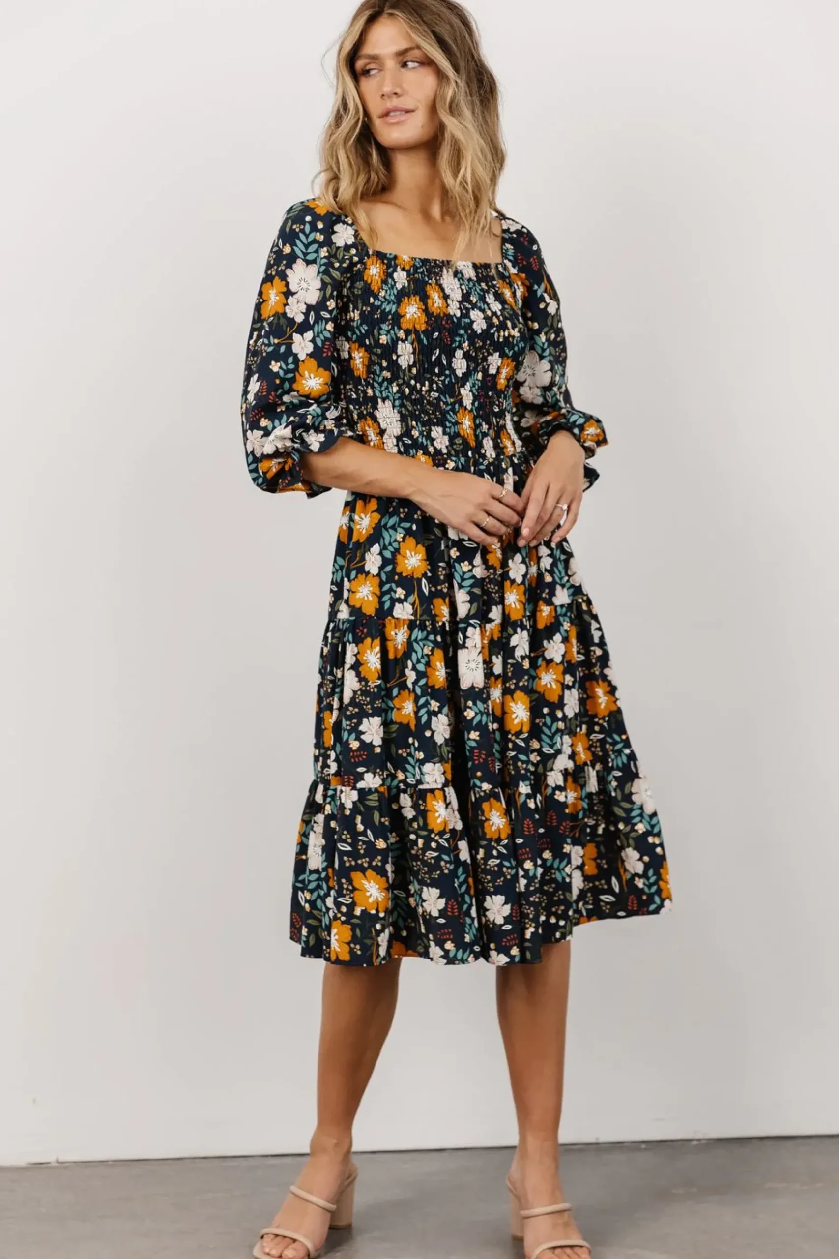 Baltic Born SALE|Marta Smocked Midi Dress | Dark Blue Vintage Floral
