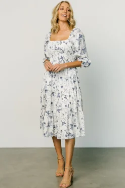 Baltic Born SALE|Marta Smocked Midi Dress | White + Blue