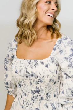 Baltic Born SALE|Marta Smocked Midi Dress | White + Blue