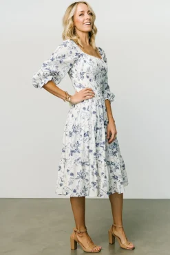 Baltic Born SALE|Marta Smocked Midi Dress | White + Blue