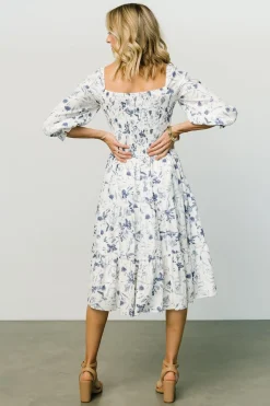 Baltic Born SALE|Marta Smocked Midi Dress | White + Blue