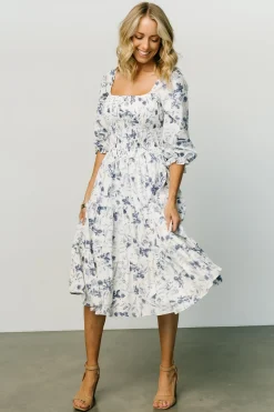 Baltic Born SALE|Marta Smocked Midi Dress | White + Blue