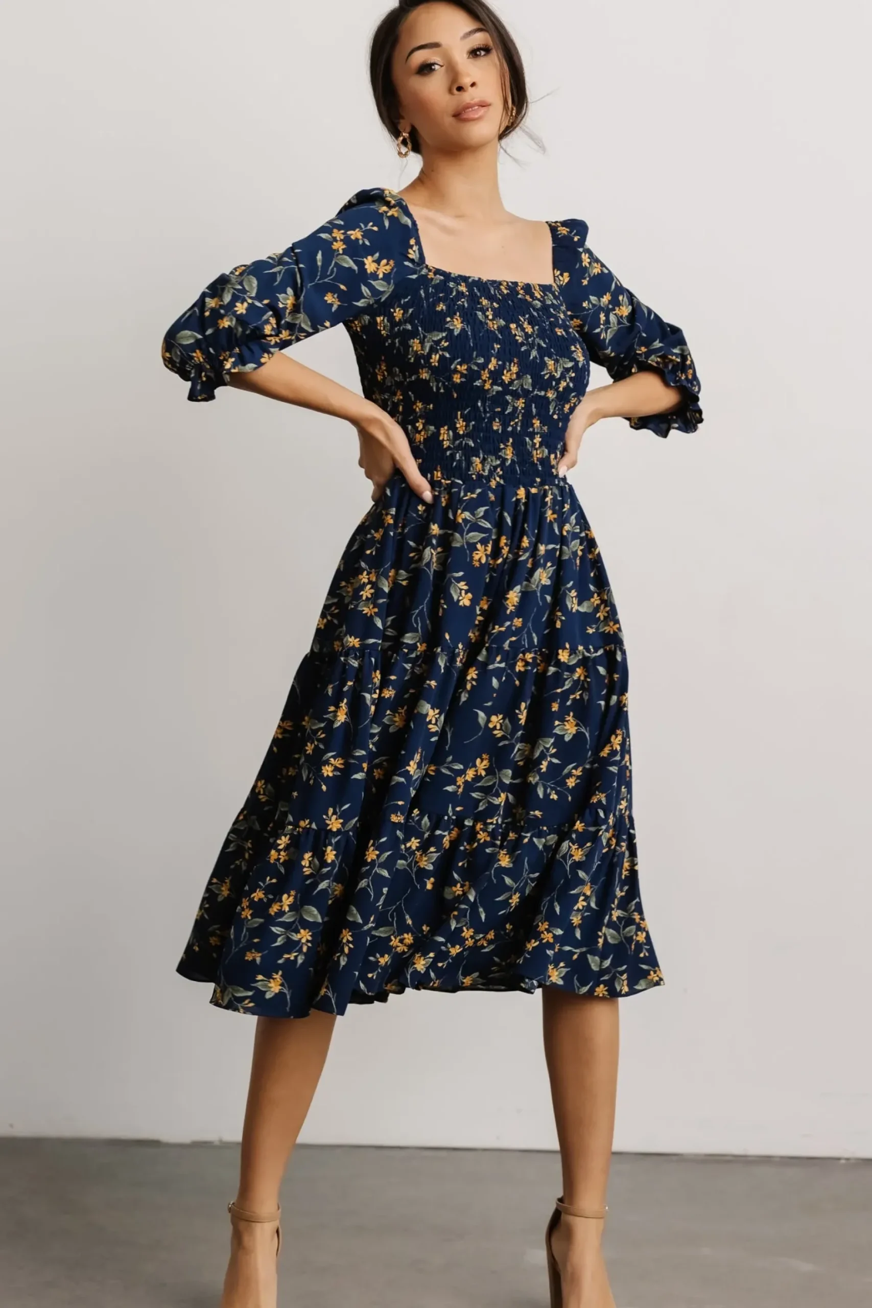 Baltic Born SALE|Marta Smocked Midi Dress | Navy Floral