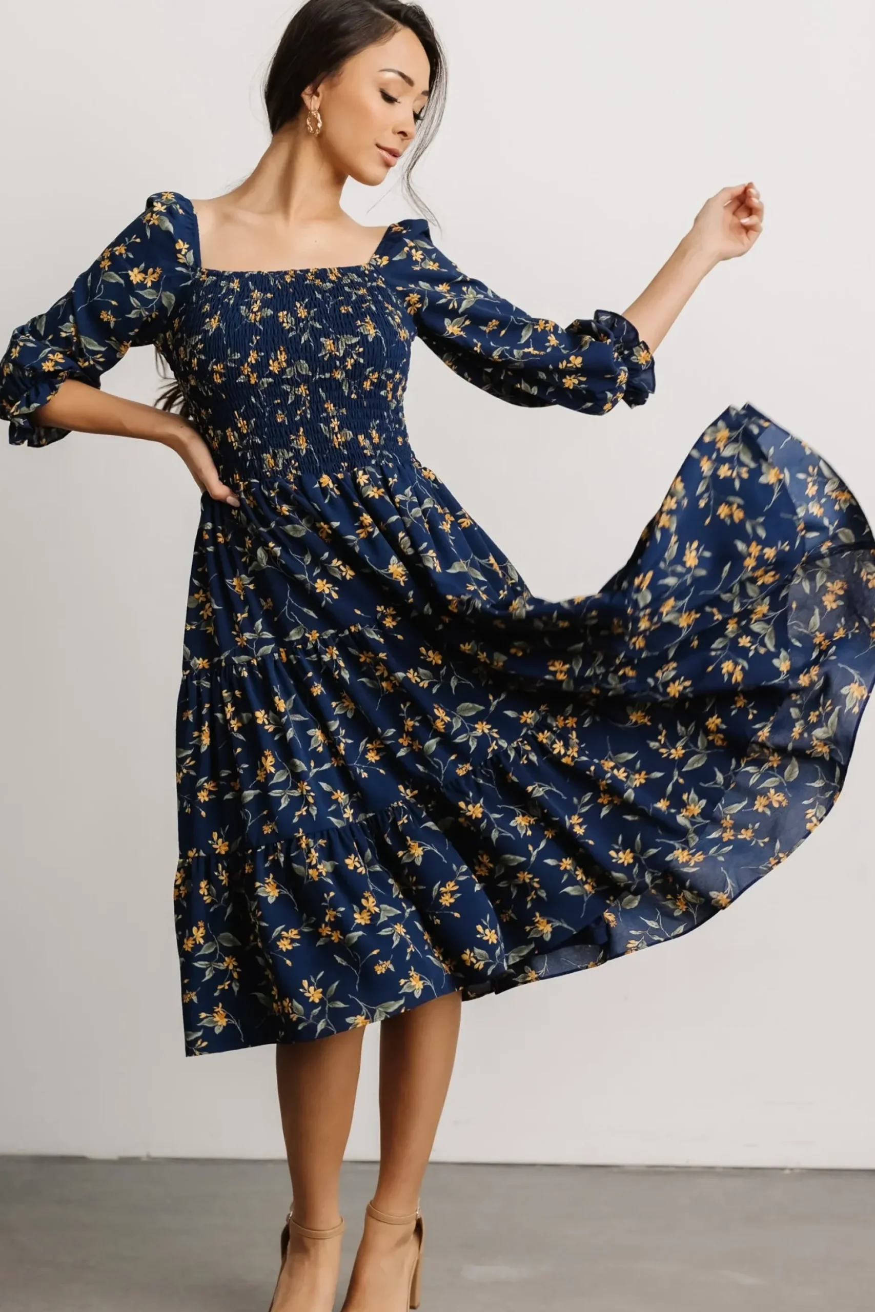 Baltic Born SALE|Marta Smocked Midi Dress | Navy Floral