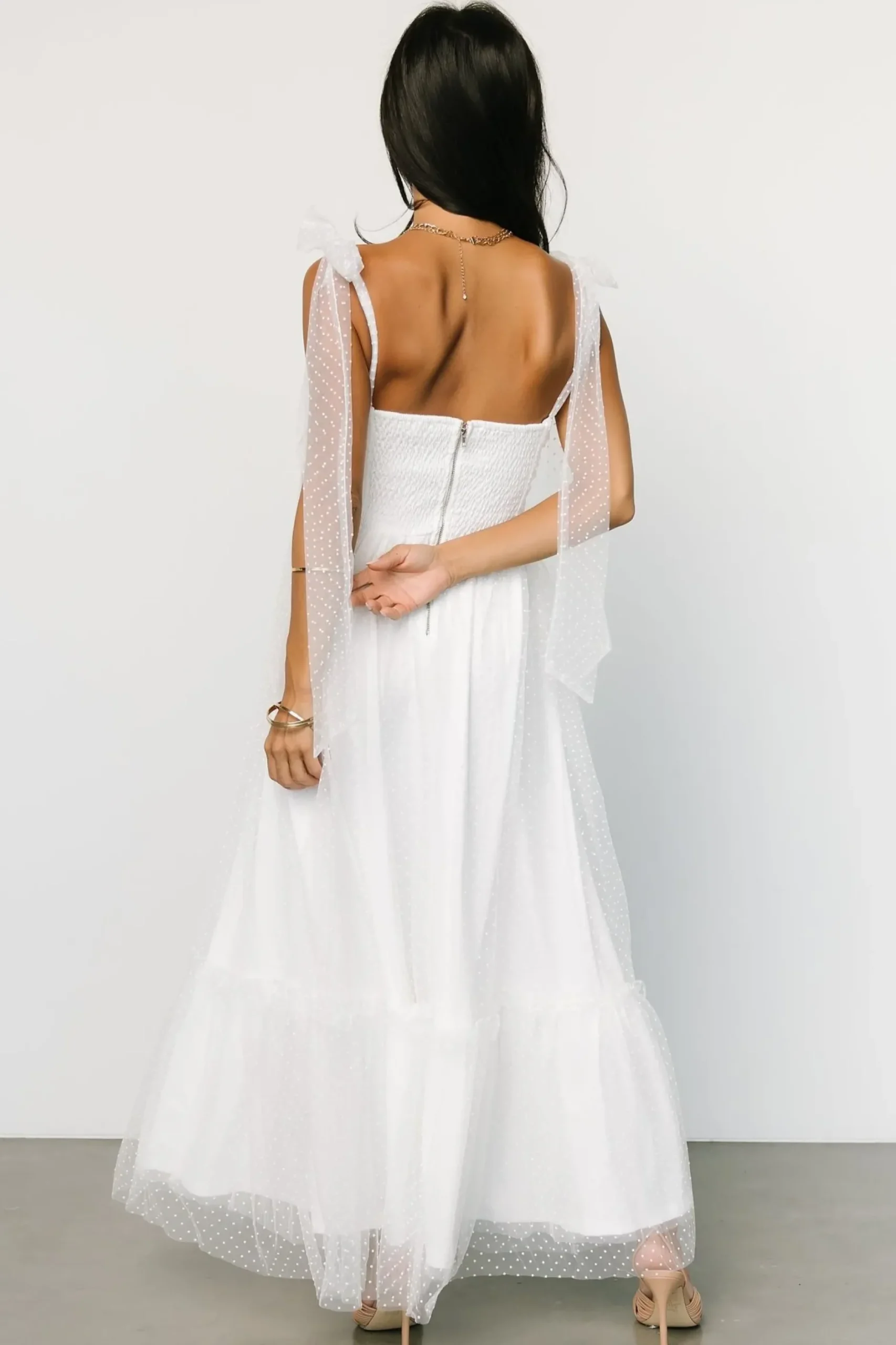 Baltic Born tulle styles|Mavani Swiss Dot Tulle Maxi Dress | White