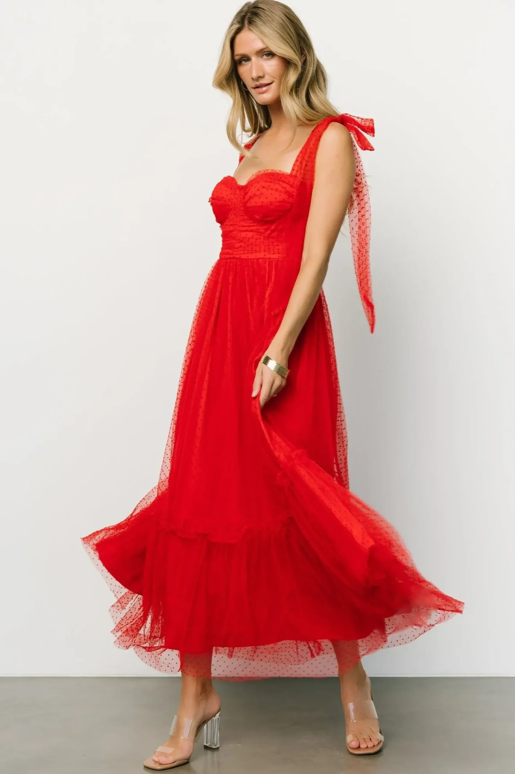 Baltic Born tulle styles|Mavani Swiss Dot Tulle Maxi Dress | Red
