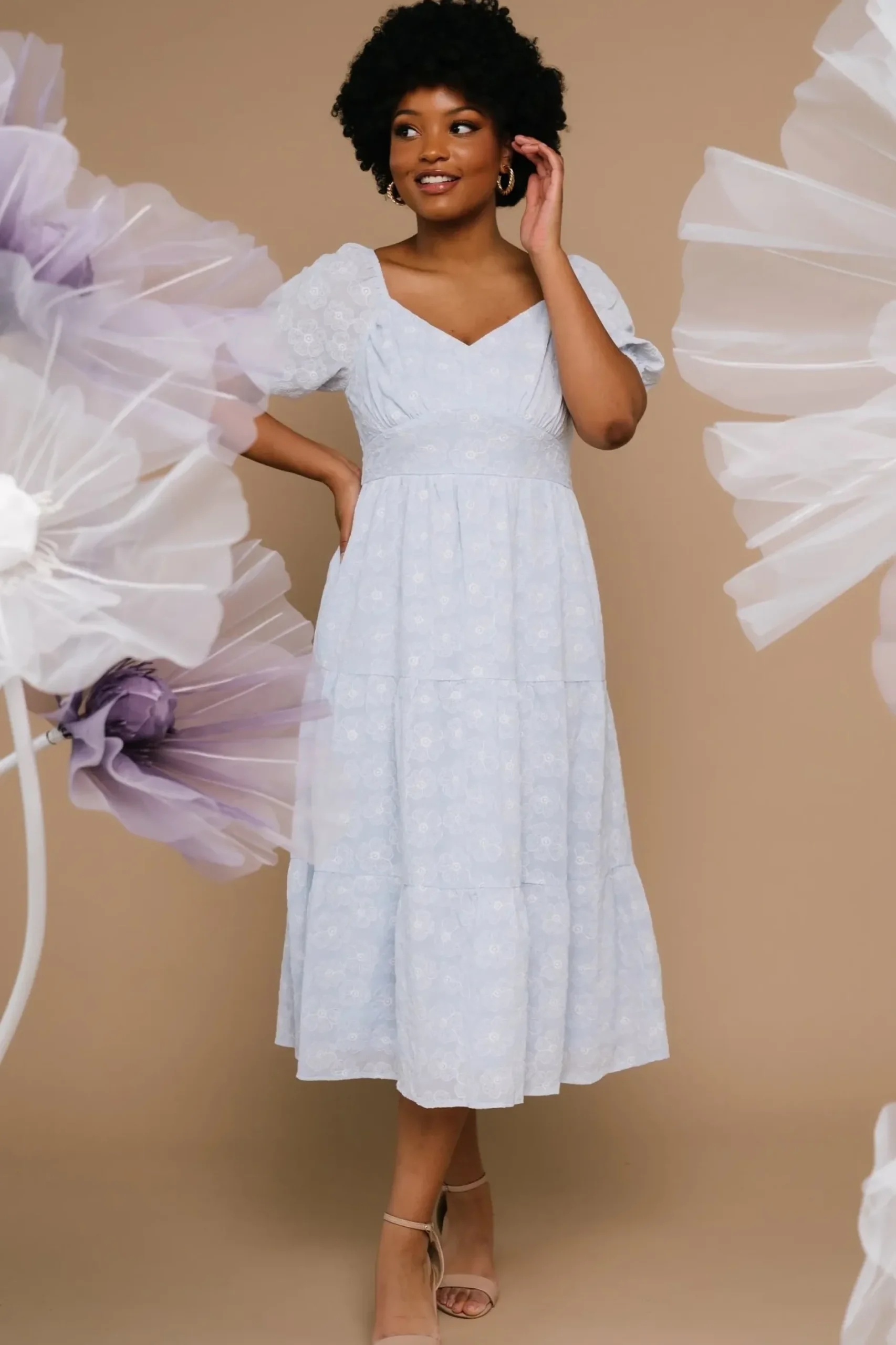 Baltic Born SALE|Mildred Embroidered Midi Dress | Light Blue