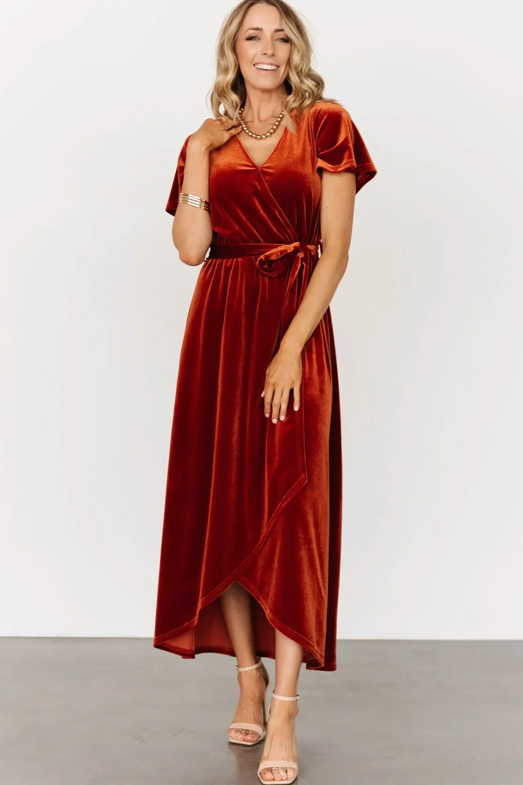 Baltic Born midi dresses|bump friendly|Nadine Velvet Midi Dress | Rust