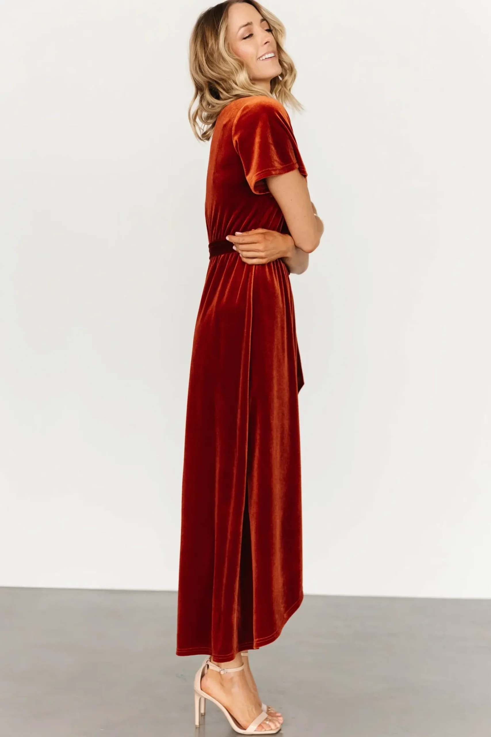 Baltic Born midi dresses|bump friendly|Nadine Velvet Midi Dress | Rust