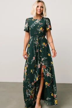 Baltic Born BEST SELLERS|Naomi Short Sleeve Maxi Dress | Dark Green Floral