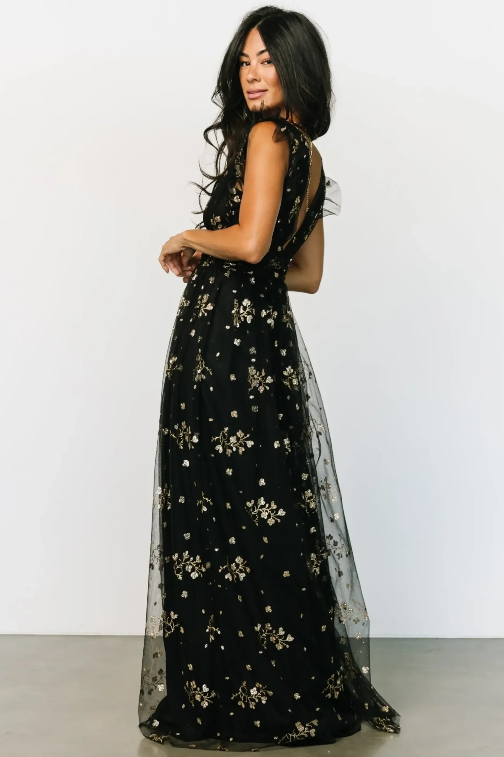 Baltic Born tulle styles|Natalia Floral Embellished Maxi Dress | Black + Gold